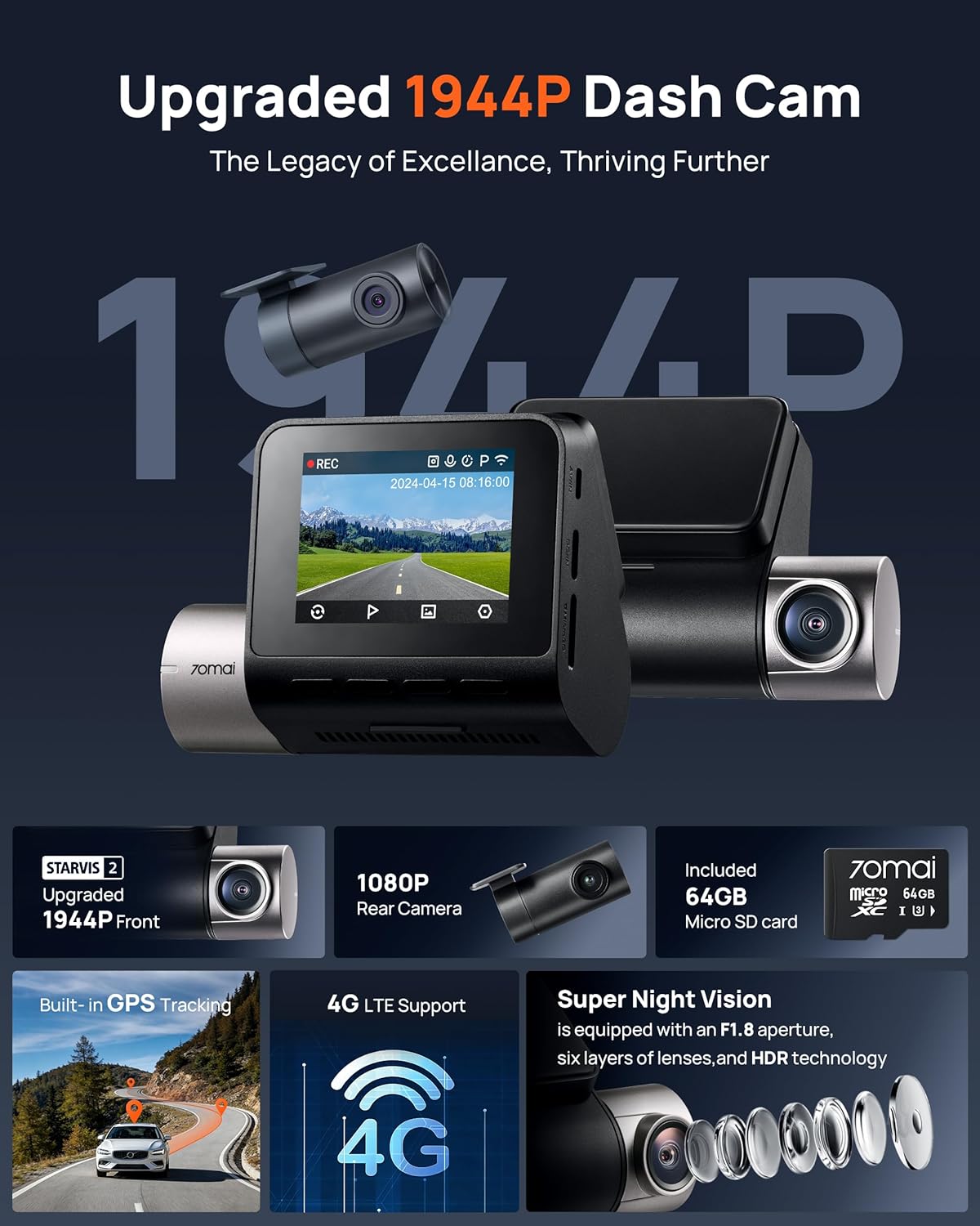70mai Dash Cam Front and Rear A510,1944P+1080P with STARVIS 2 IMX675 and 64GB Card, Dash Camera for Cars, 4G LTE Support, ADAS, Built-in GPS WiFi, APP Control, HDR, 24H Parking Mode, Loop Recording - Image 2