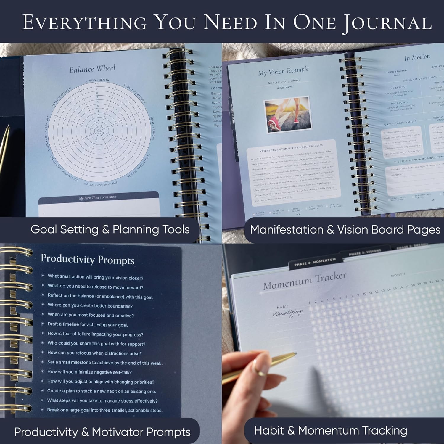 Vision Board Kit & Guided Manifestation Journal | Goal Planner & Habit Tracker, Self Care & Reflection Tools | Undated Vegan Leather Hardcover | Visions in Motion Portable Vision Board