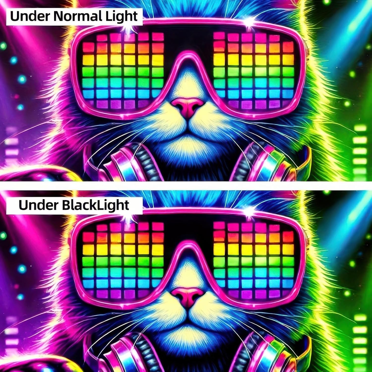 BlissYard Cat Blacklight DJ Tapestry 78x59 inch UV Reactive Black Light Music Glow in The Dark Poster Hippie Wall UV Tapestry for Bedroom Decoration Living Room Artwork Home Room Party Backdrop