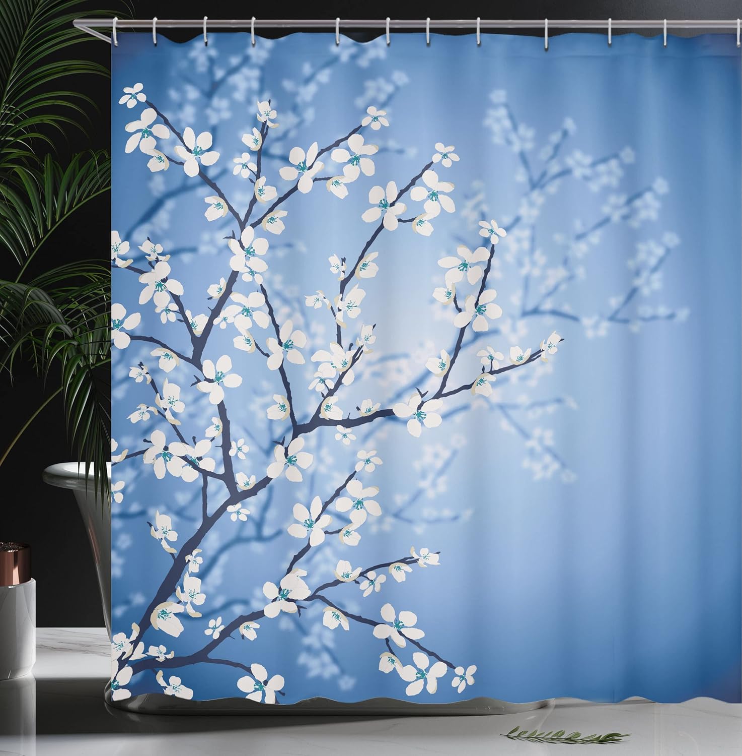 Ambesonne Japanese Shower Curtain, Spring Season Sakura Bloom Design Romantic Cherry Blossom on Blurry Branches, Cloth Fabric Bathroom Decor Set with Hooks, 69" W x 70" L, Azure Blue