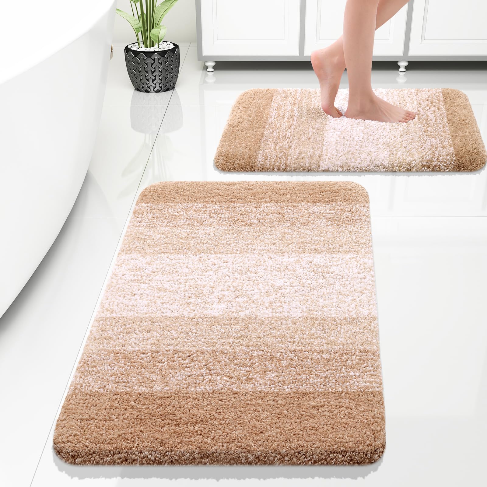 OLANLY Bathroom Rug Set 2 Piece, Soft Absorbent Microfiber Bath Rug Set, Non-Slip, Machine Wash Dry, Plush Shaggy Bath Mats for Bathroom (30"x20"+24"x16", Beige) — image 1