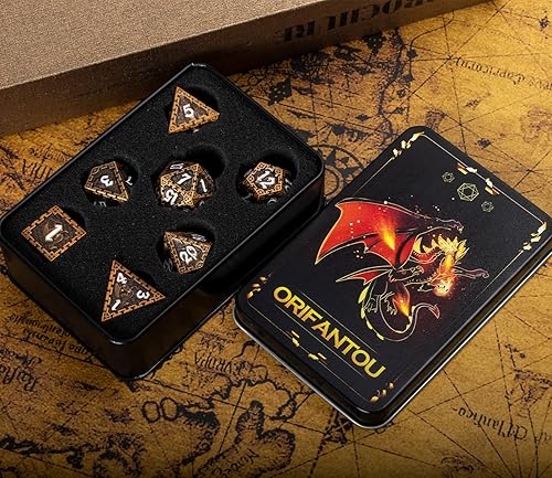 Miniatura 7 de Dados de metal DND ORIFANTOU Juego de dados de juego de rol, 7 piezas, diseño de dragón, dados poliédricos DD con caja de regalo, dados D & D para