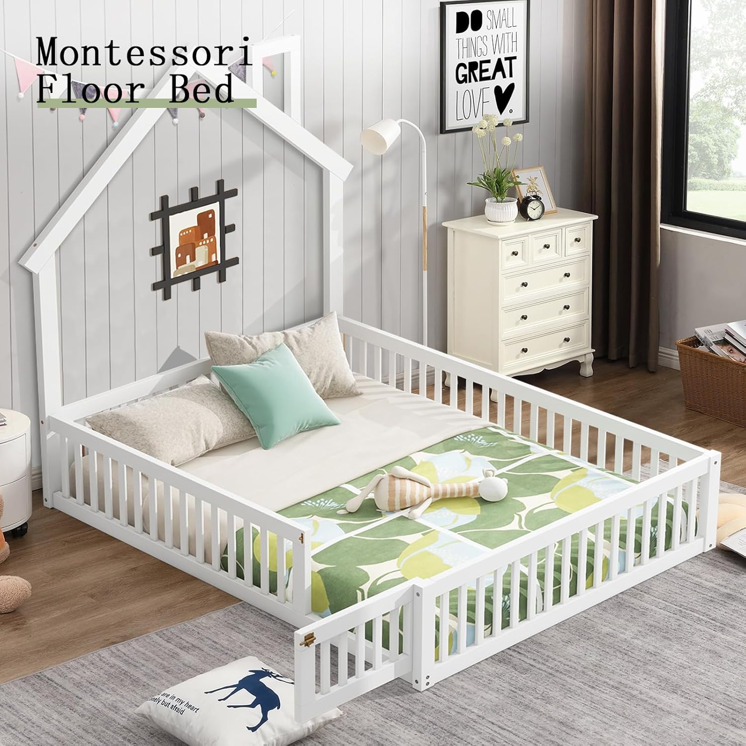 Full Size Montessori Floor Bed Frame with 12 Inches Height Safety Guardrails and Door,Platform Bed Frame with House-Shaped Headboard for Girls, Boys, Wooden Slat Support, White