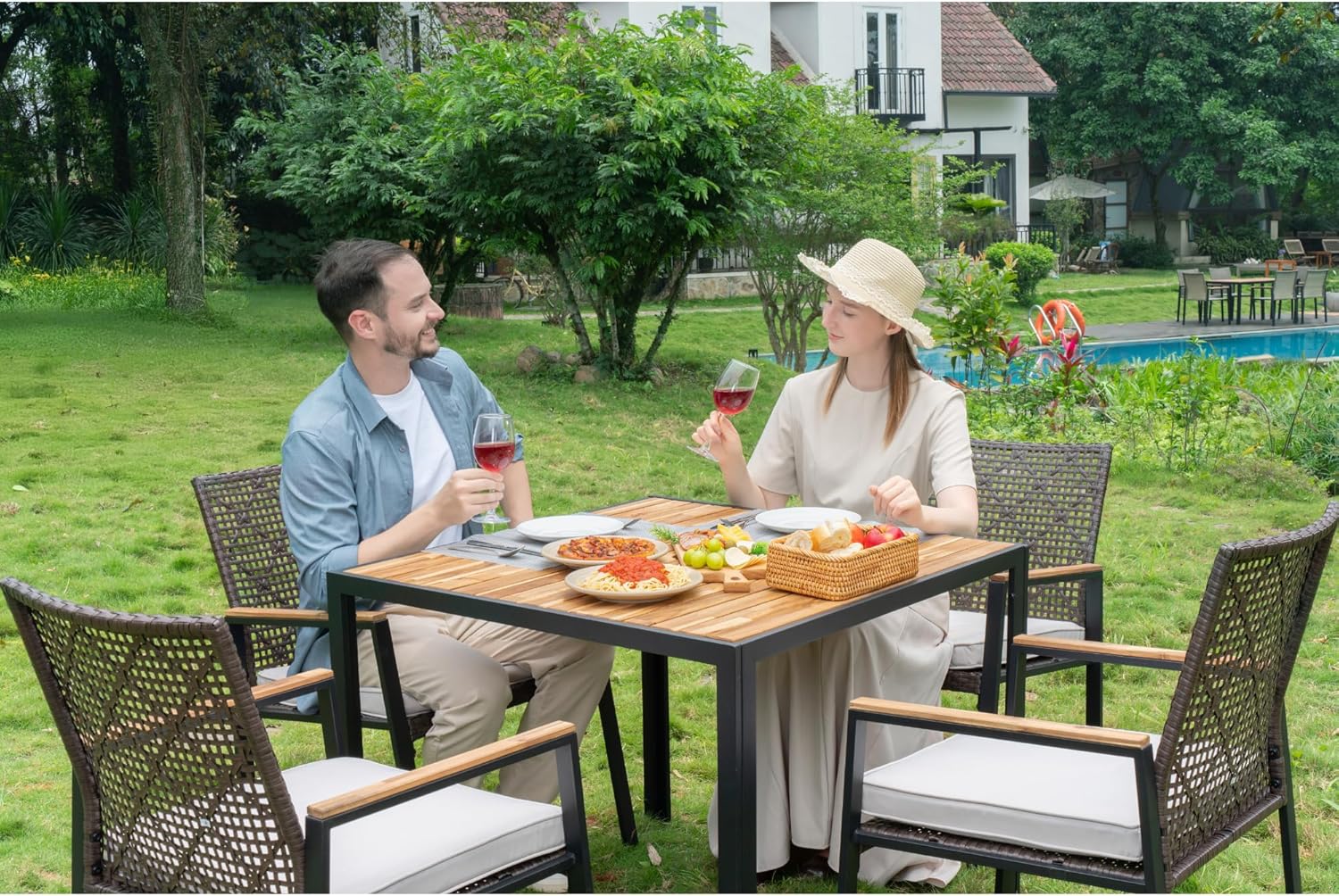 5-Piece Outdoor Patio Furniture Dining Set, All-Weather Rattan Conversation Set with Umbrella Hole, Weather Resistant Table and Chairs for Garden/Backyard Deck (Dark Brown)