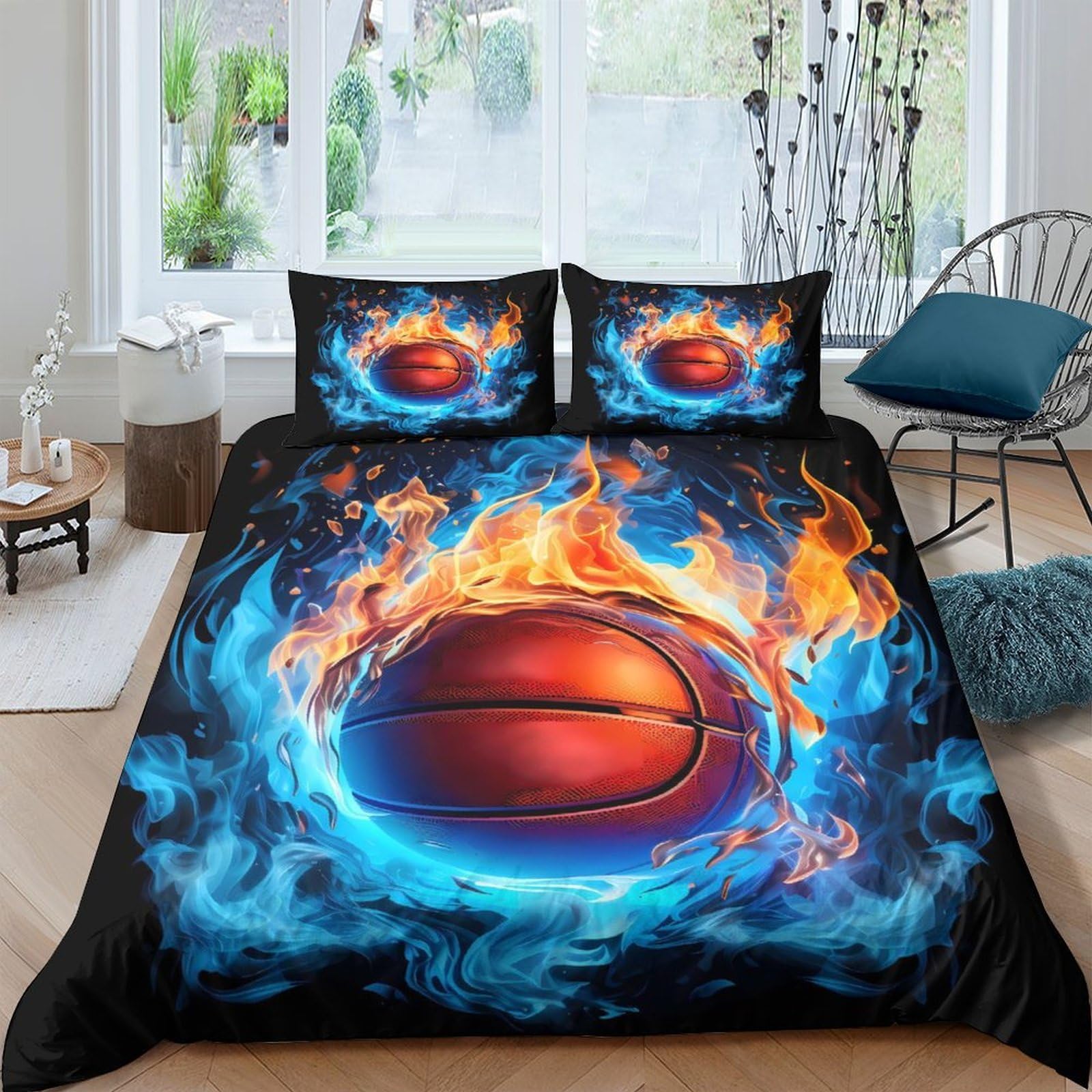 Ctjqhvkz Style-10 3D Printed Fire Basketball Fitted Sheet Microfiber Soft Anti-Slip Blue Flame Mattress Cover For Bedroom Dorm Easy Care Single（135X200cm）