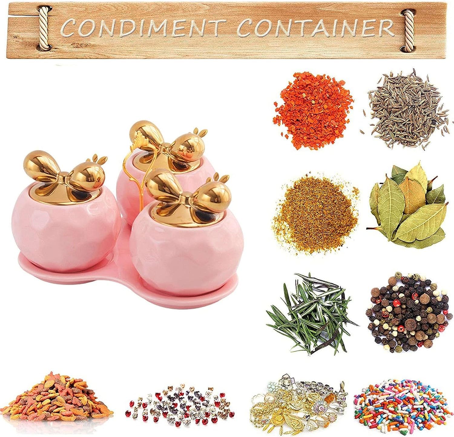 SAeWare Tarro de condimentos, contenedor de especias de cerámica con tapas de cucharas y bandeja, juego de cuencos de especias, organizador de condimentos, hogar, cocina, cocina, encimera, rosa, 3