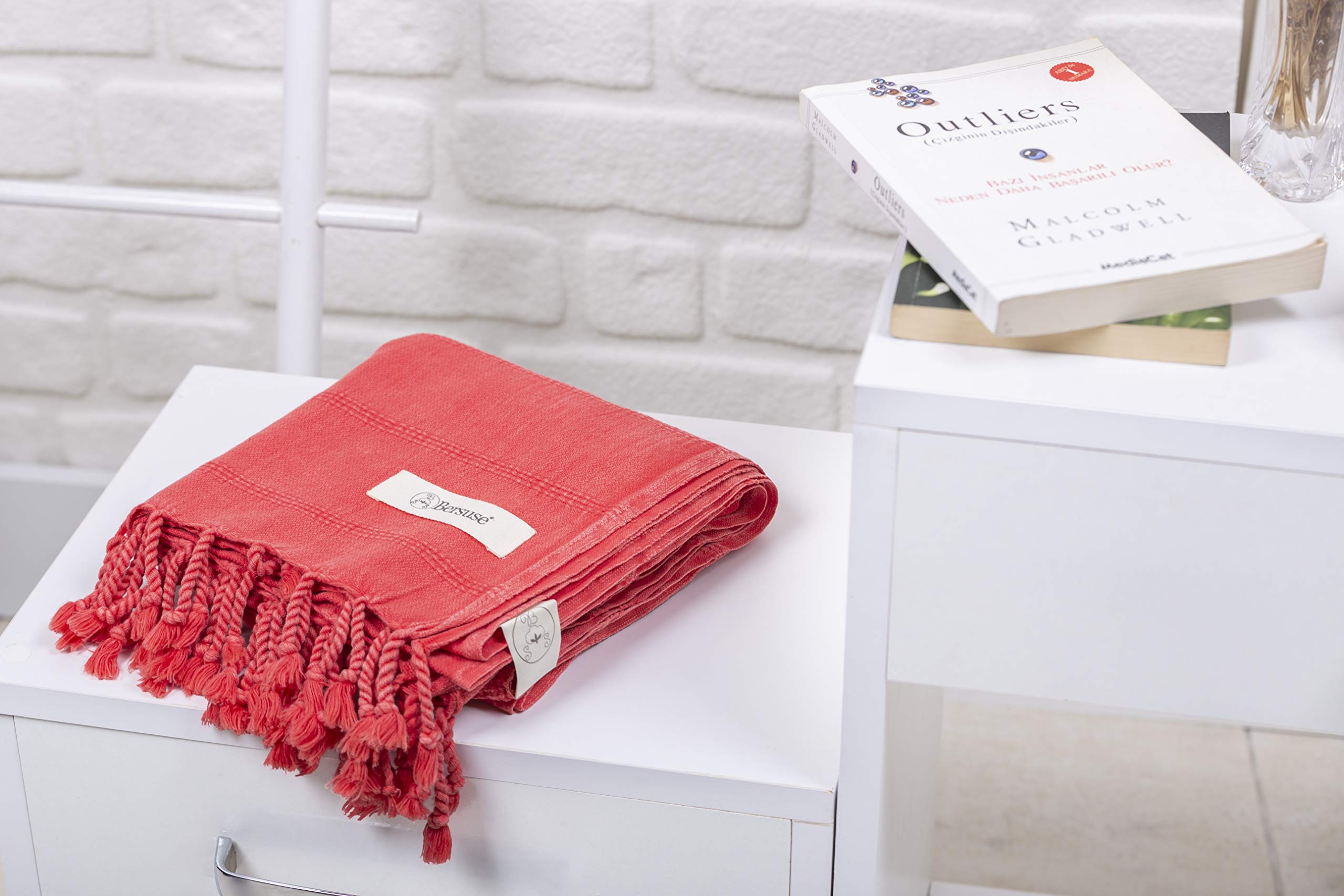 Bersuse 100% Coton - Troy Serviette Turque - Drap de Bain, Serviette de Plage - Fouta Peshtemal - Oeko-TEX - 95x175 cm, Corail