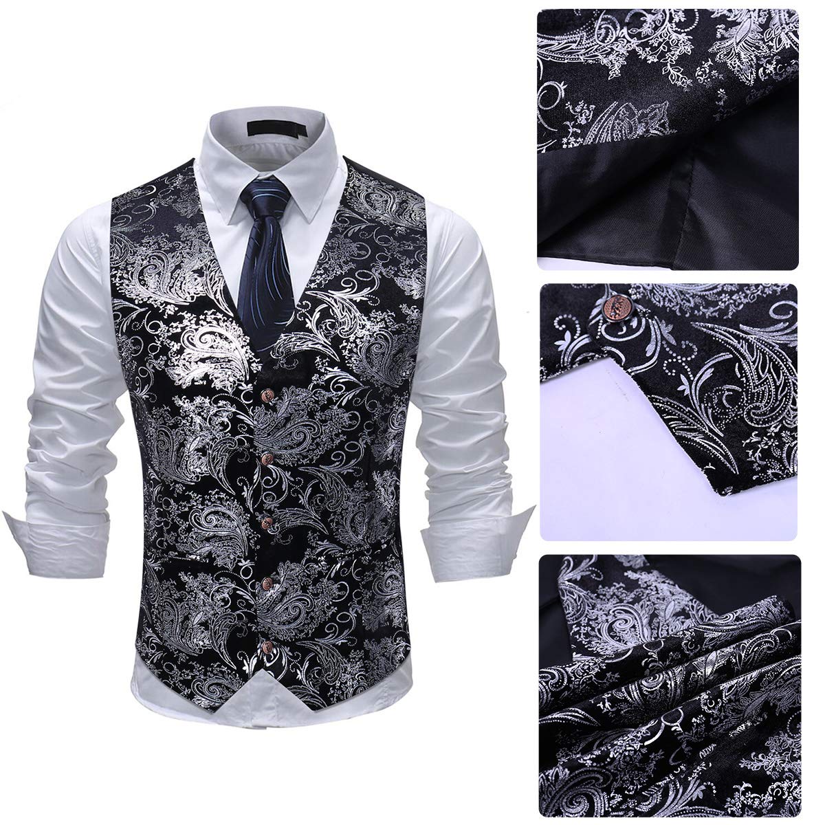Allthemen Chaleco de traje de paisley para hombre Chaleco de un solo pecho Vestido Slim Fit Botón abajo Formal