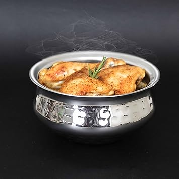 Spillbox Stainless Steel Kitchen Utensils Cooking Serving Tope Set|Handi Set|Urli |Serveware|Tope|Patila|Tope Set|Cookware Bowl- Hammered Briyani Handi (Large)