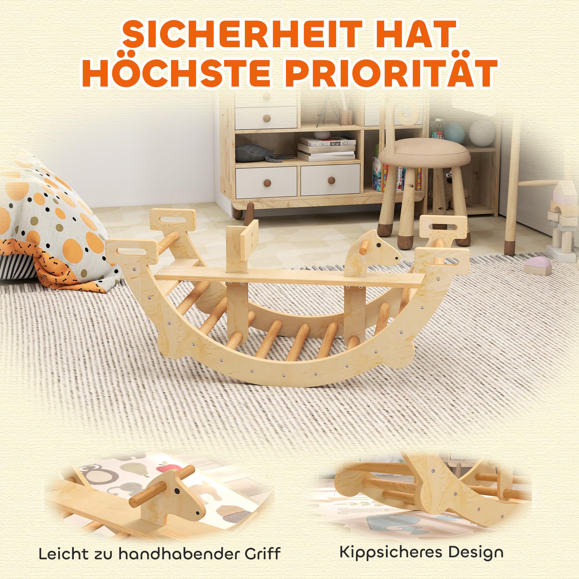 AIYAPLAY Montessori zestaw wspin. 2w1 łuk wspinaczkowy, dzieci 2-4 lata | Indoor, koń na biegunach, zabawka wspinaczkowa z drewna.