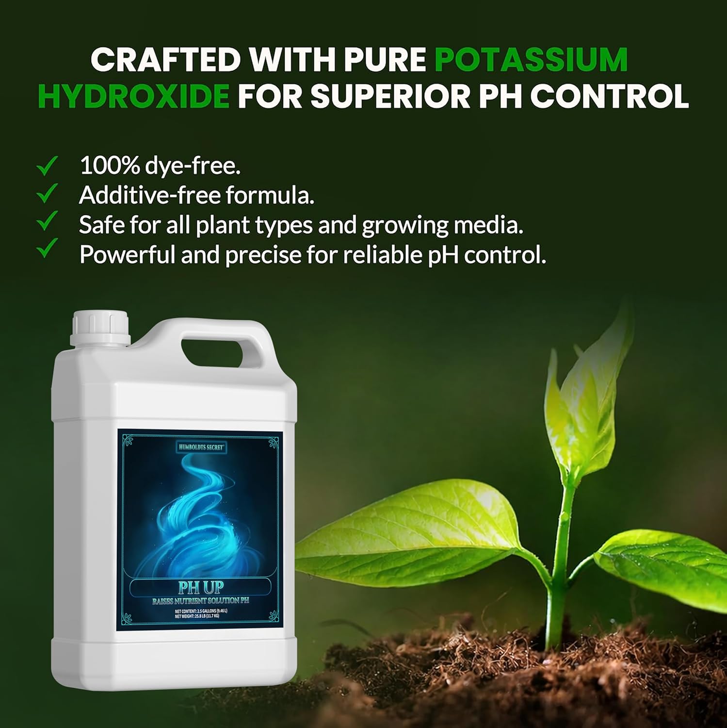 Humboldts Secret pH Up for Plants | Hydroponics and Soil pH Adjustment | Concentrated Potassium Hydroxide Formula | Raises Nutrient Solution Levels for Strong Root Growth and Stability | 2.5 Gallon