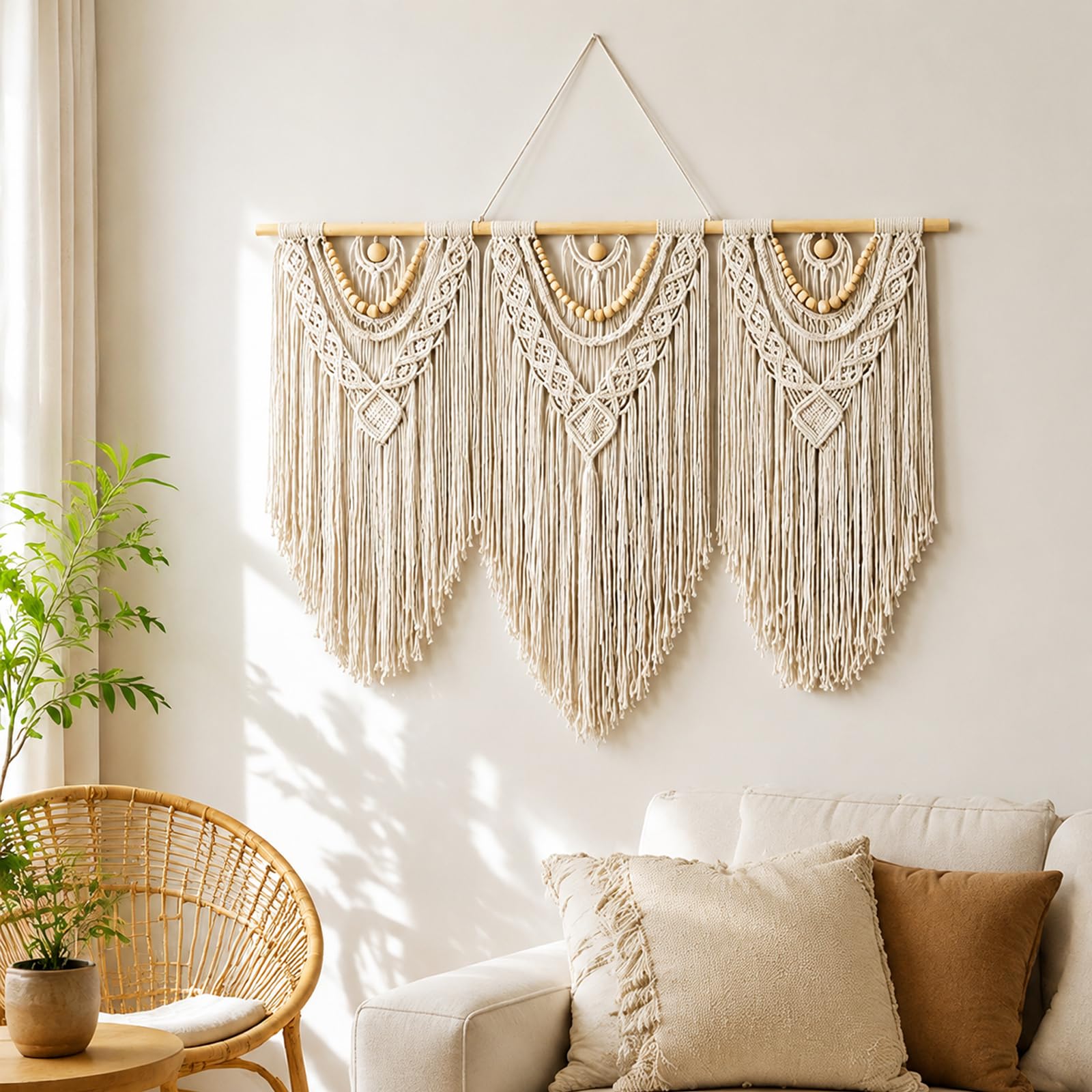 Großer Makramee-Wandbehang, Baumwolle, handgewebt, Boho-Tapisserie, Wanddekoration, Heimdekoration für Schlafzimmer, Wohnzimmer, Wohnung, Kinderzimmer (weiß, Perle)