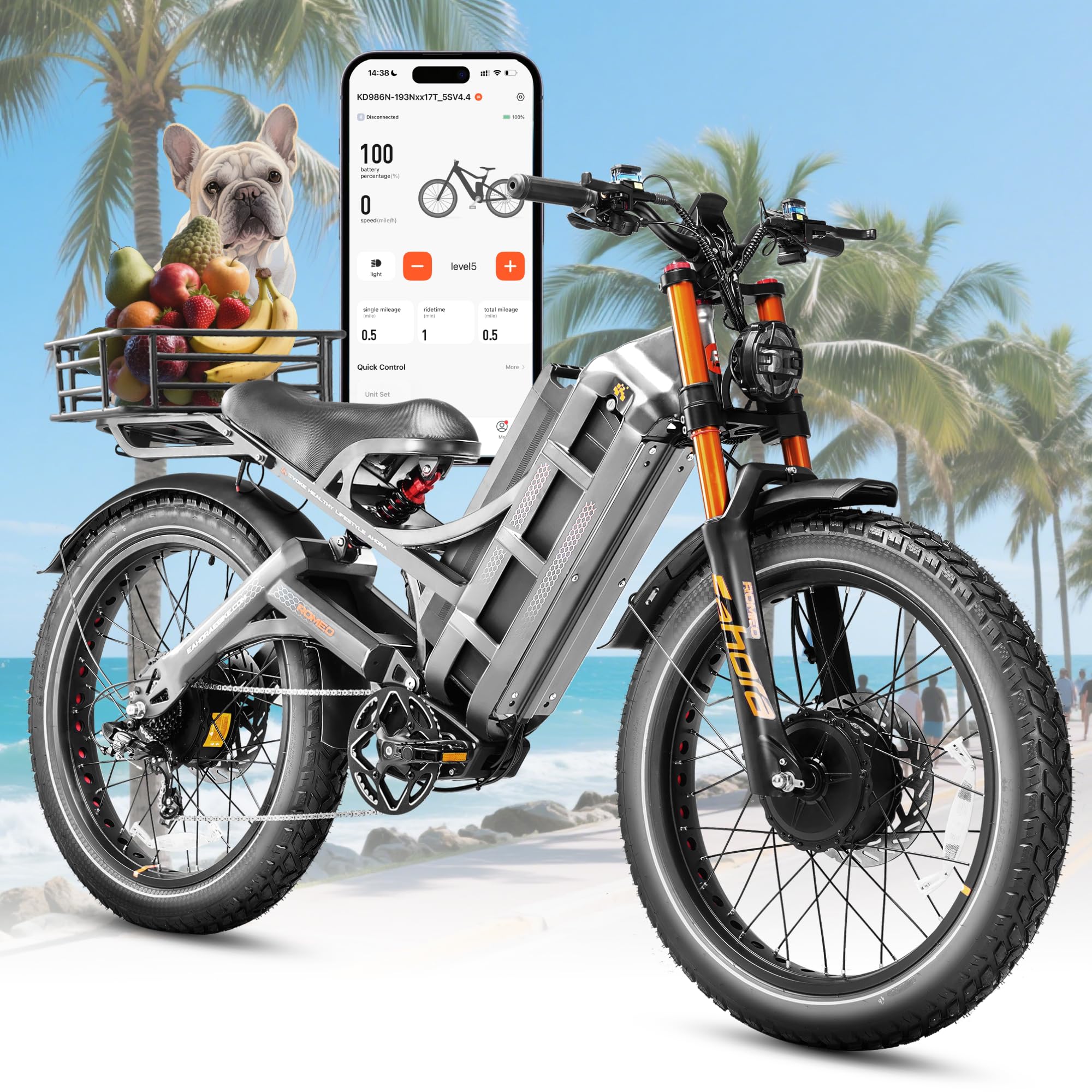 eAhora Romeo Pro 3/2 [2025] 46-50 Mph Electric Bike for Adults, Peak 5600W Dual Motor Ebike, 60V/52V 80Ah/70Ah 250 Miles Long Range E Bike, 26”*4.0 Fat Tire Air Full Suspension Off-Road E-Bike