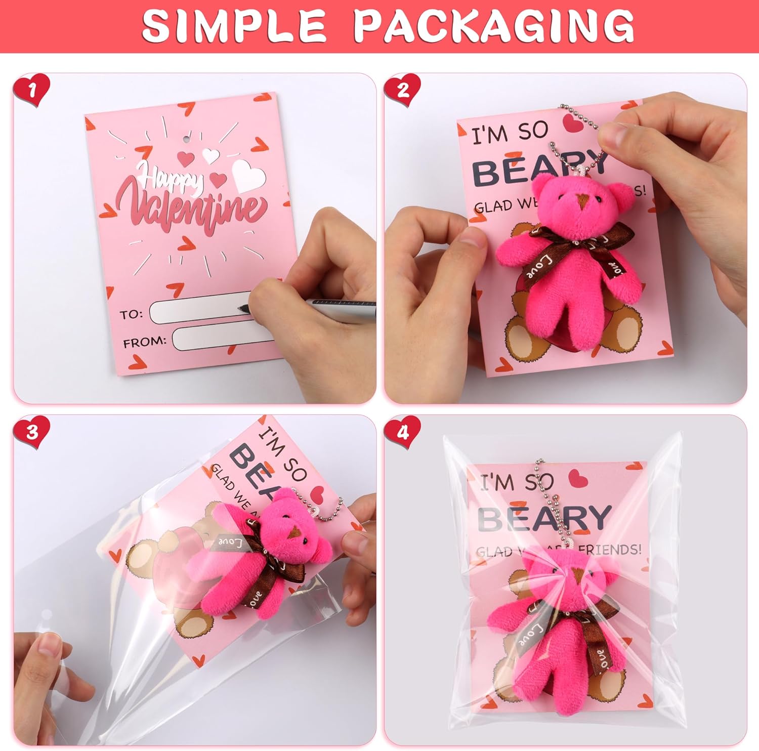 28 Pack Valentines Day Gifts for Kids Classroom Valentines Cards for Kids School Mini Bear Plush Toys Keychains Valentines for Class Valentines Exchange Cards Valentine Party Favors Prizes Girls Boys