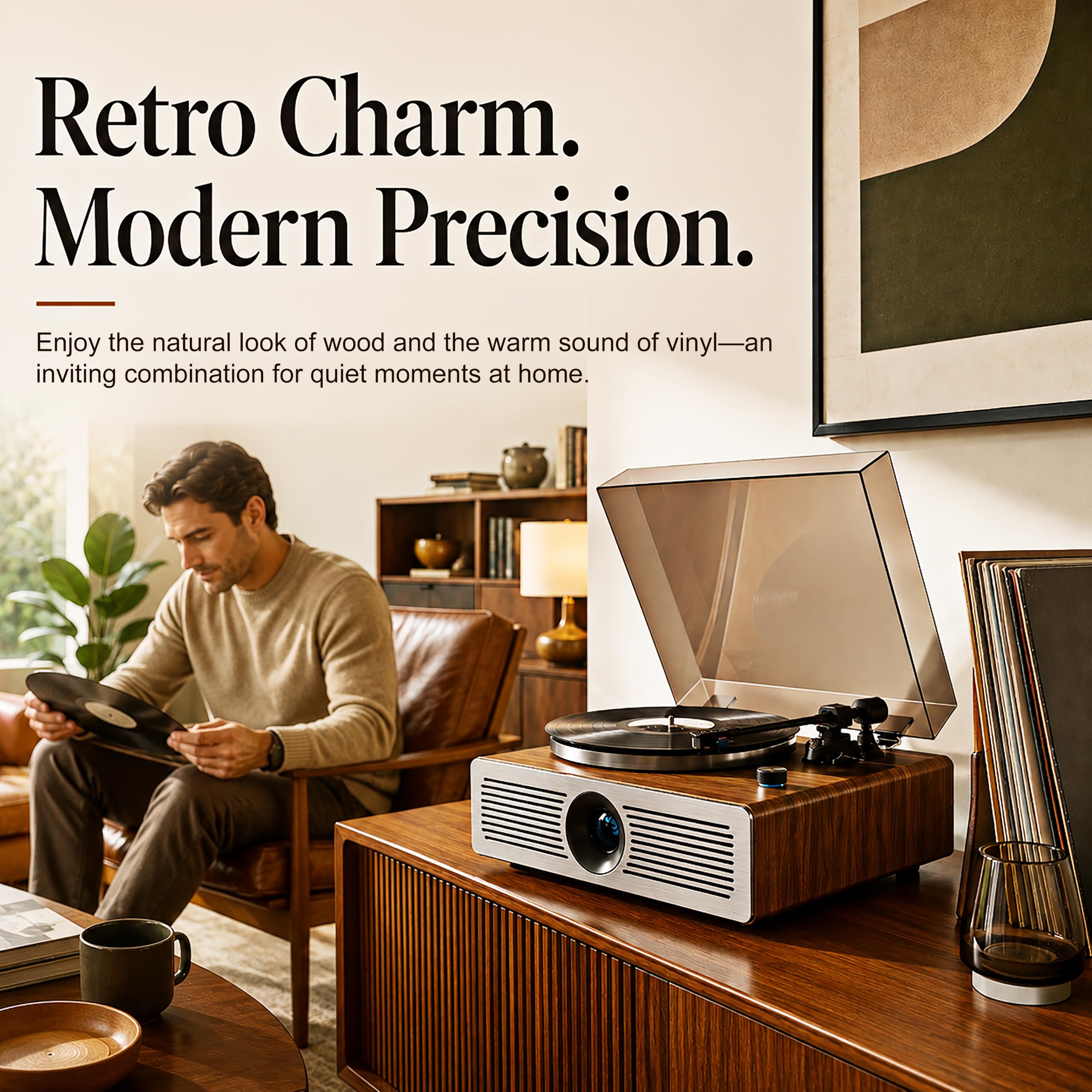Bluetooth Plattenspieler mit Lautsprechern, Vintage Holz Plattenspieler für Schallplatten mit AT-3600L Kartusche, 33/45 RPM Vinyl Player mit eingebautem Vorverstärker, kabelloser