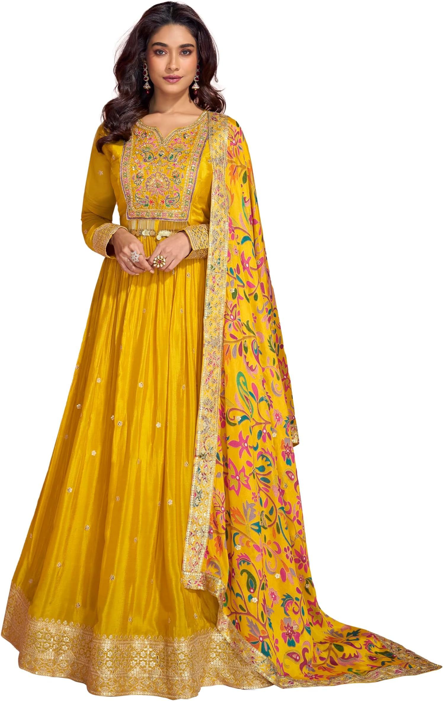 Women's Art Silk Embroidery Sequence Work Salwar Suit Set Anarkali Kurta Pant with Dupatta For Women