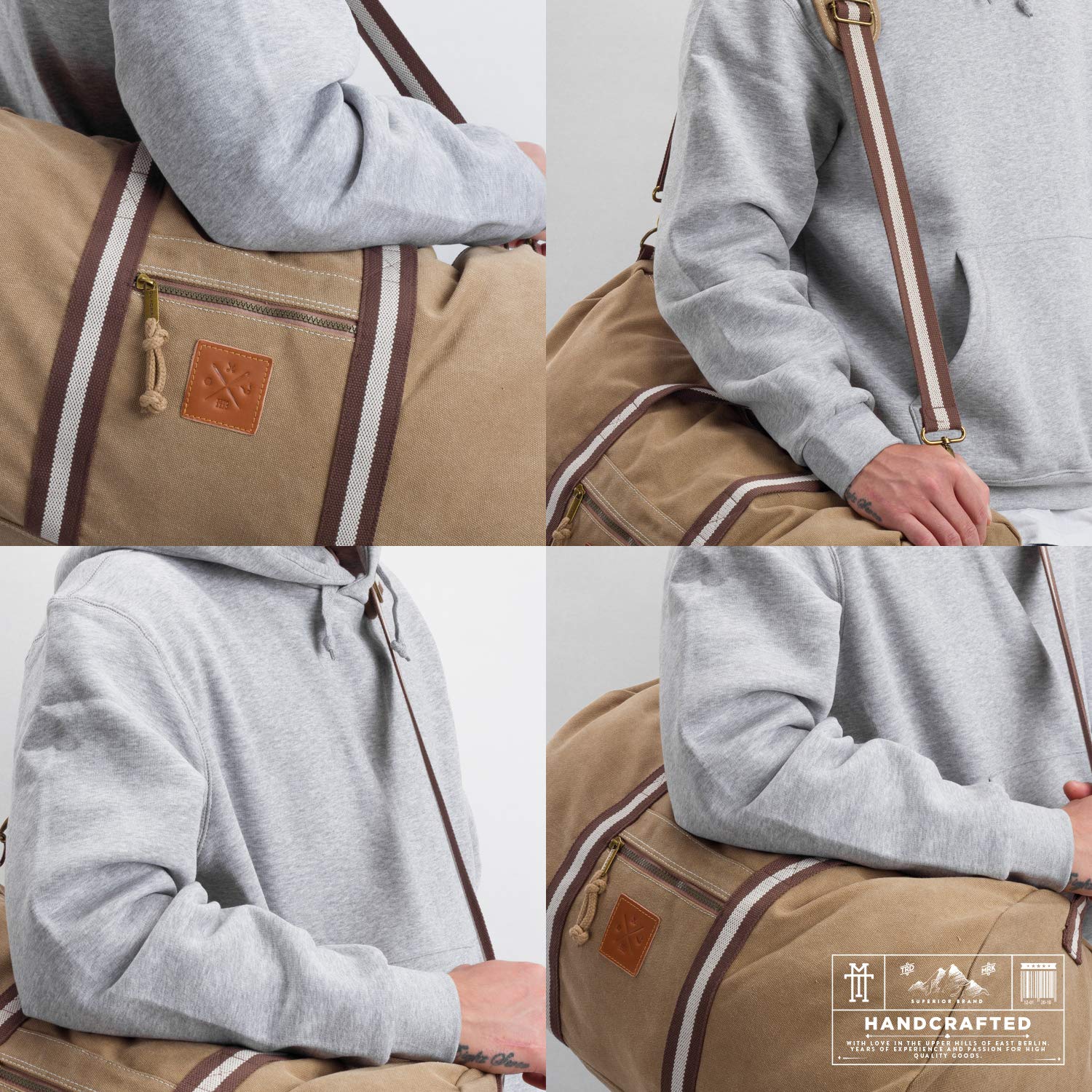 Canvas Barrel Bag - Sporttasche, 45 Liter, Duffel Bag Tasche mit Echt-Leder Veredelung (Manufaktur13) (Sand)