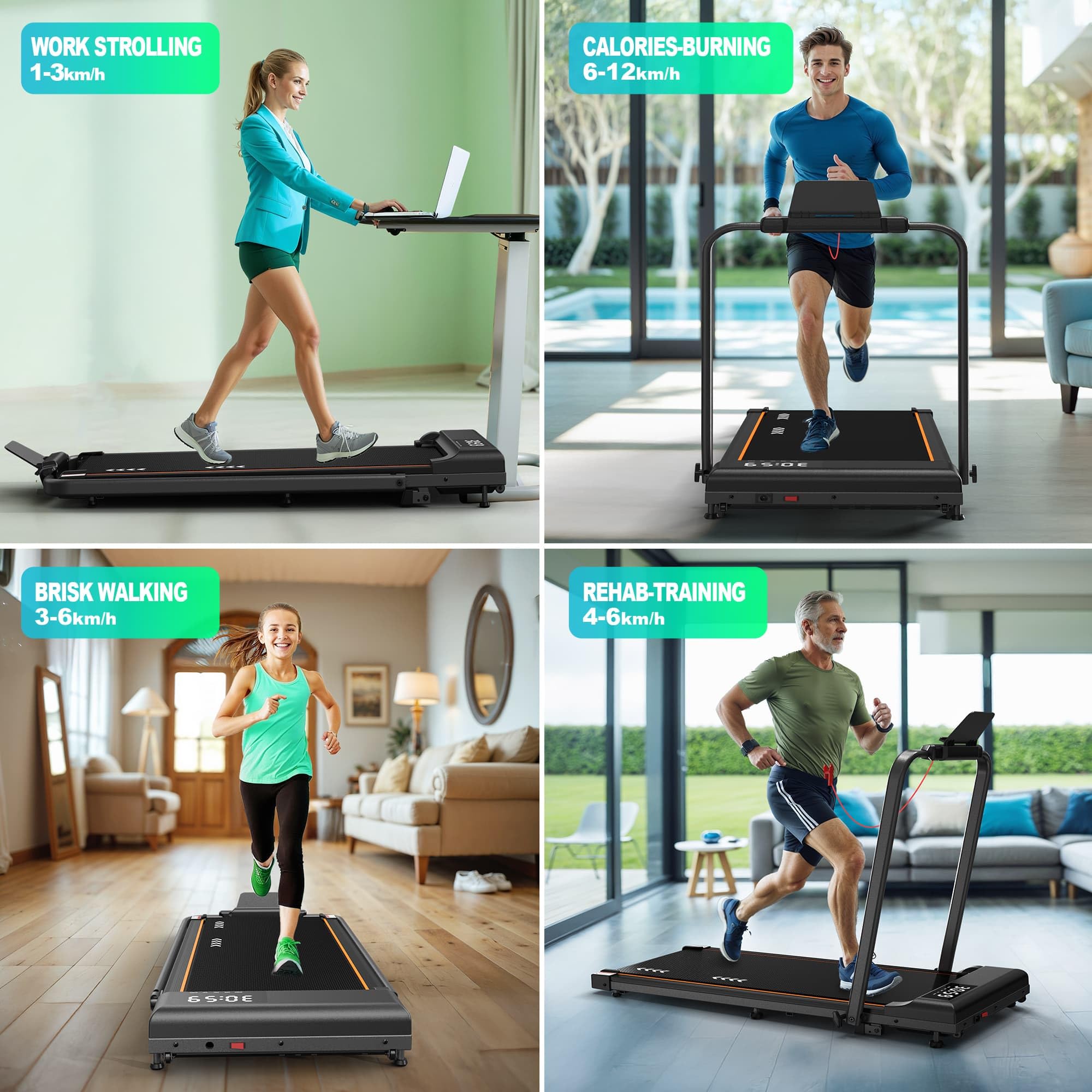 Walking Pad bieżnia do domu, bieżnia o nachyleniu 7%, silnik 2,25 HP, prędkość 1-6 km/h lub 12 km/h, 7-warstwowa powierzchnia bieżna, bez montażu