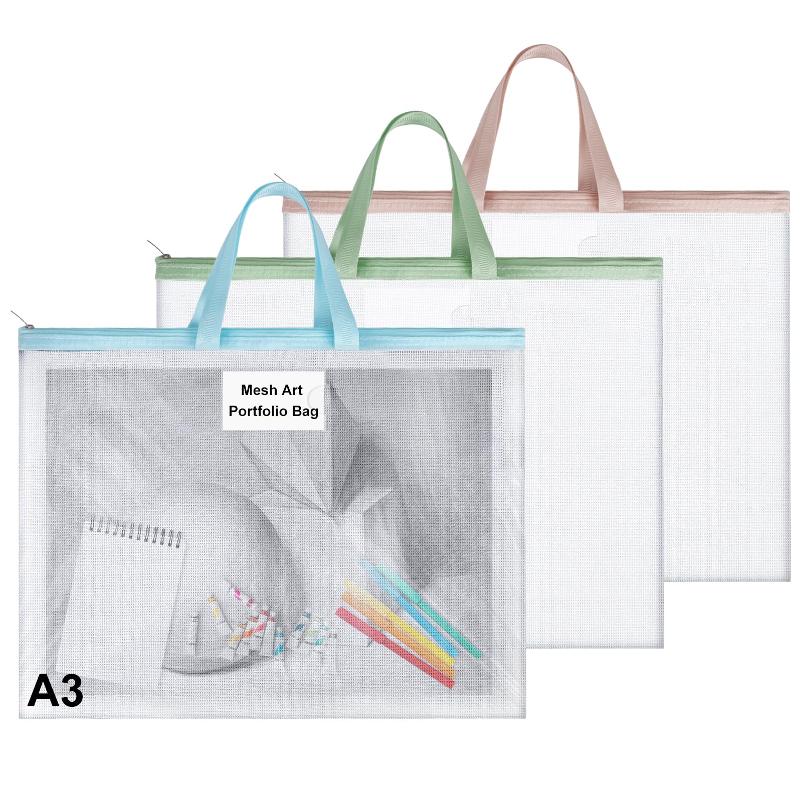BEIMEIII 3 Pack A3 EVA Mesh Art Portfolio Bag Waterproof Art Portfolio Case Transparent Painting Folder with Card Holder Colorful Artist Storage Bag for Drawings Documents