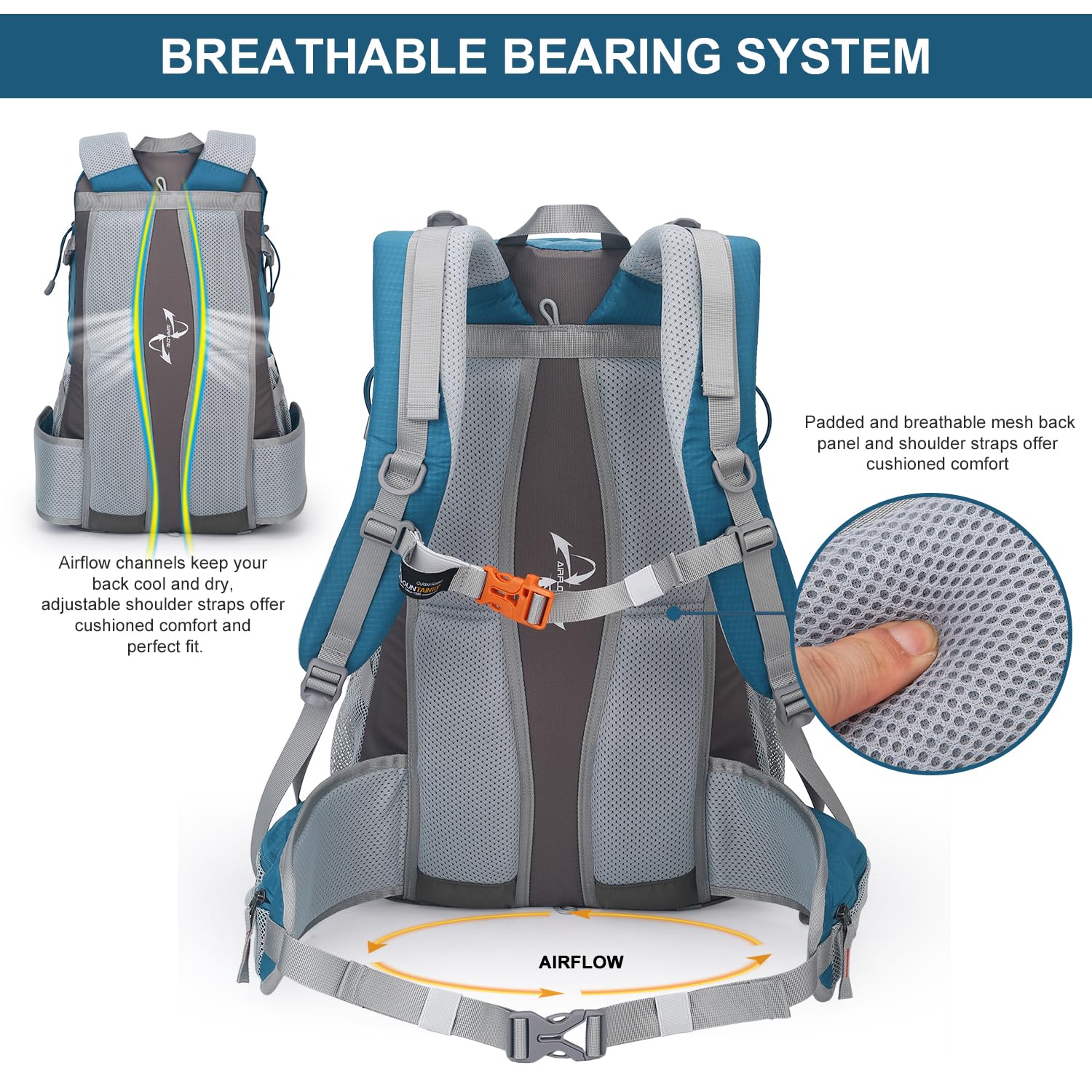 Mountaintop Zaino da trekking da 25 l/40 l, unisex, per escursioni, 40 l, blu mare, 40 L | Zaino da trekking YKK, con protezione antipioggia, per campeggio, viaggi