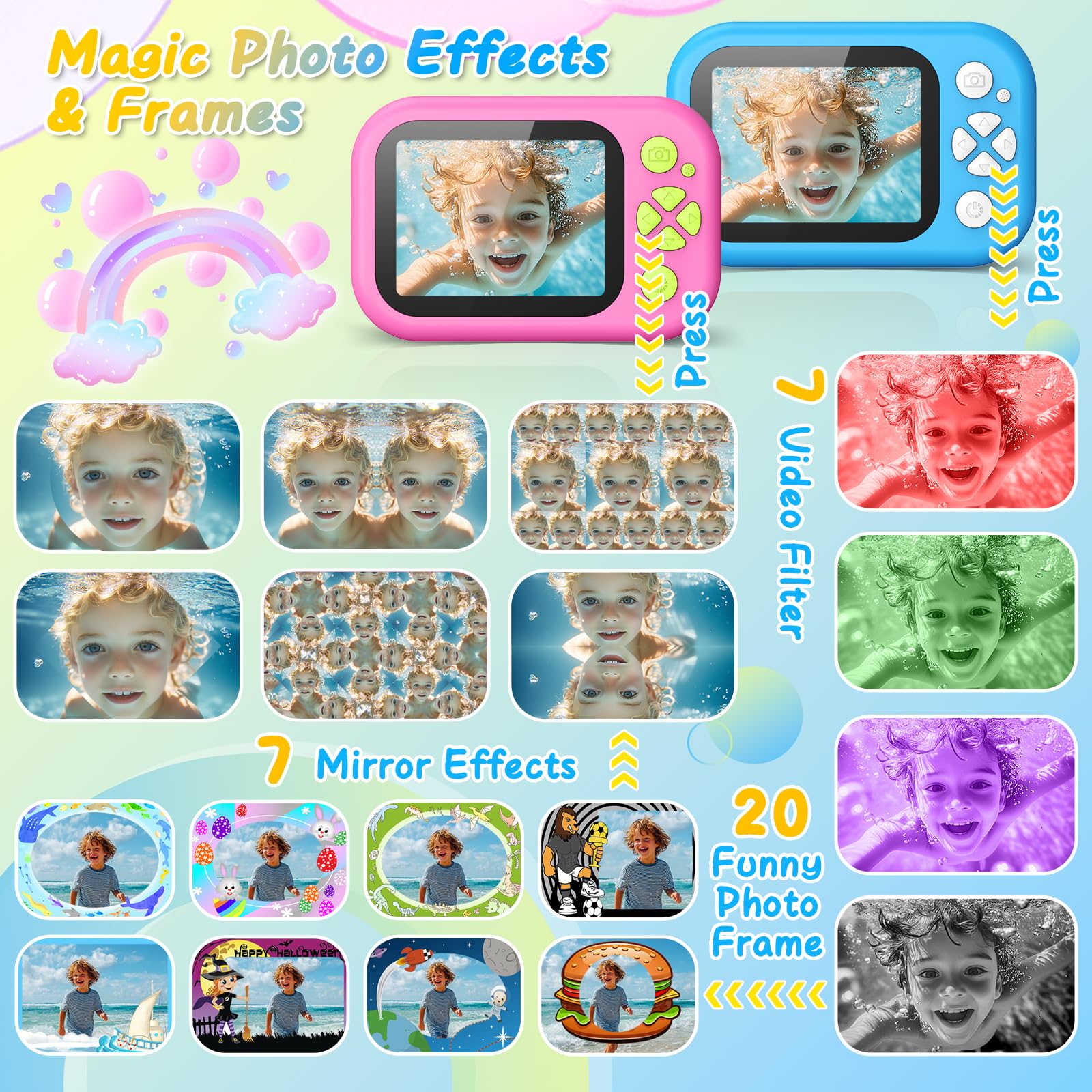 Cámara para niños IP68 impermeable, cámara digital subacuática de 9.84 pies, video HD 1080P y tarjeta de 32 GB, perfecta para natación, piscina, regalo de cumpleaños de Navidad para niños y