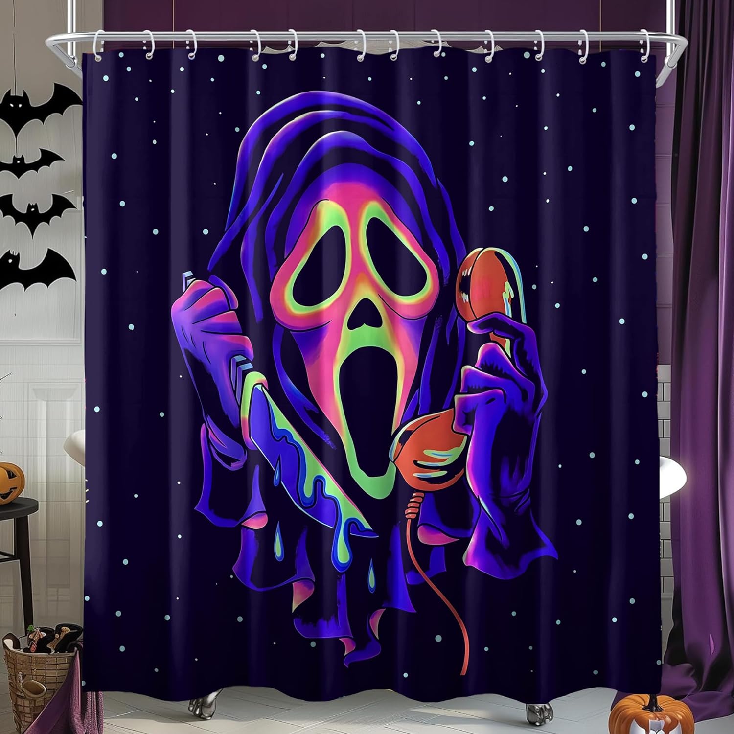 Halloween Shower Curtain, Funny Modern Luxury Bathroom Decor, Horror Face Bath Curtain Waterproof Polyester Fabric Bathroom Curtains with 12 Hooks, 72 x 72 Inches