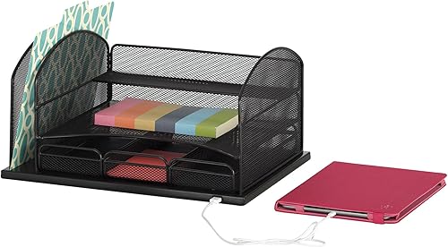 Safco Products 3234BL Onyx Organizador de escritorio de 3 cajones con puerto de carga USB, ranura vertical para archivos, bandeja de papel,