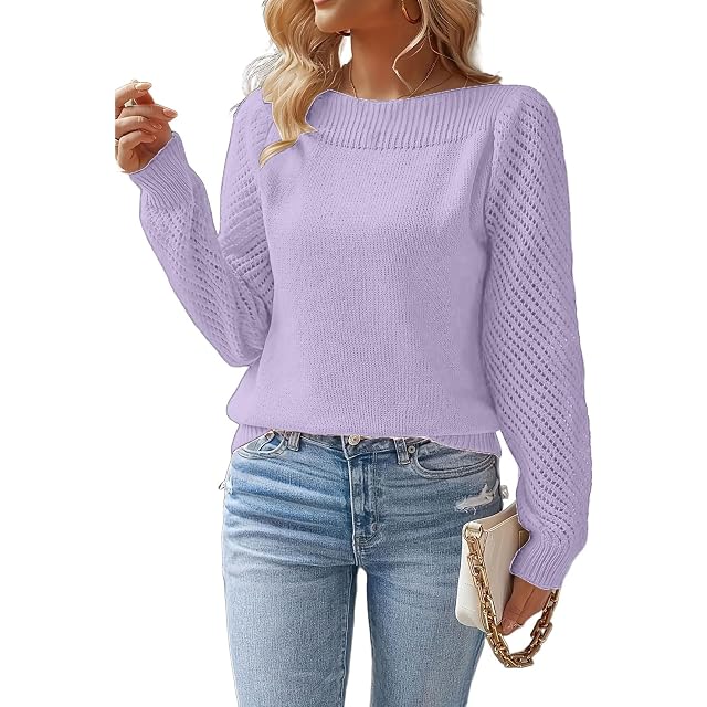 Womens Fall Long Sleeve Solid Color Sweaters Casual Outfits Puff Sleeve Knitted Pullover Jumper Tops