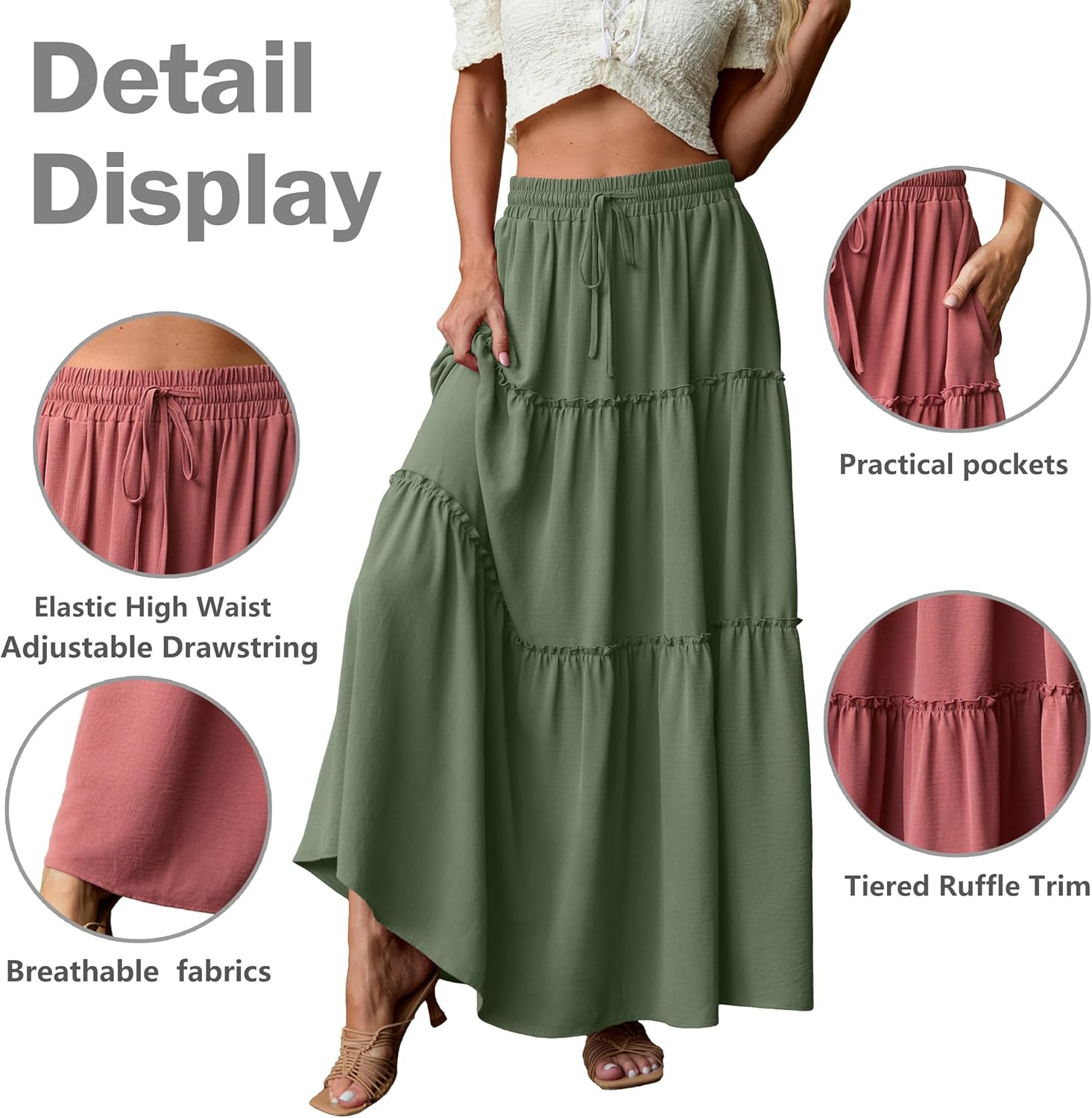 Lepunuo Womens Casual Boho High Waisted Flowy Maxi Skirts Tiered Floral Long Skirts with Pockets for Summer Beach Vacation - Image 4
