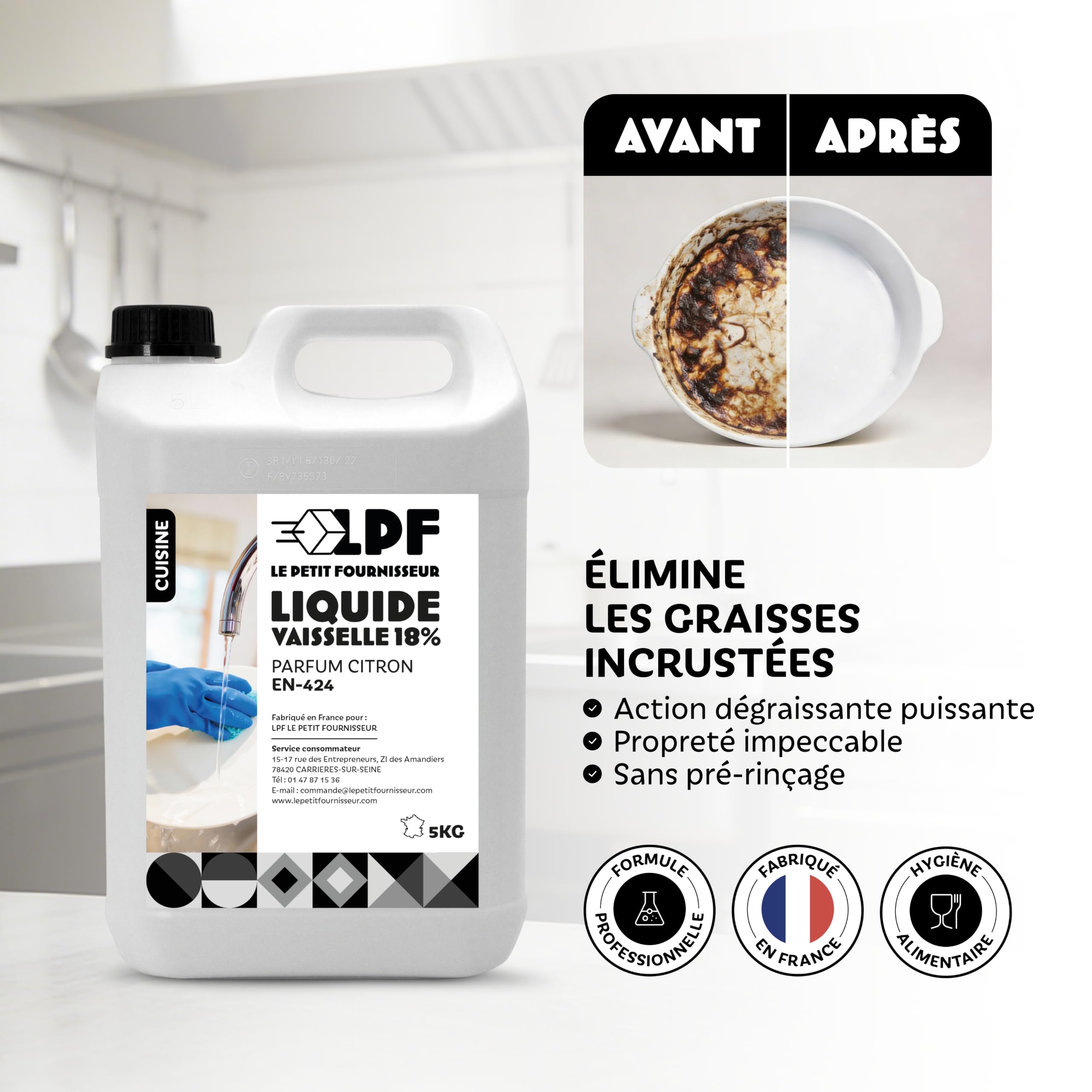 LPF LE PETIT FOURNISSEUR - Liquide Vaisselle 5L Concentré 18% Citron - Dégraissant Haute Performance Pro - Recharge Économique Vaisselle Main - Brillance Anti-Calcaire - 4 Bidons 5L