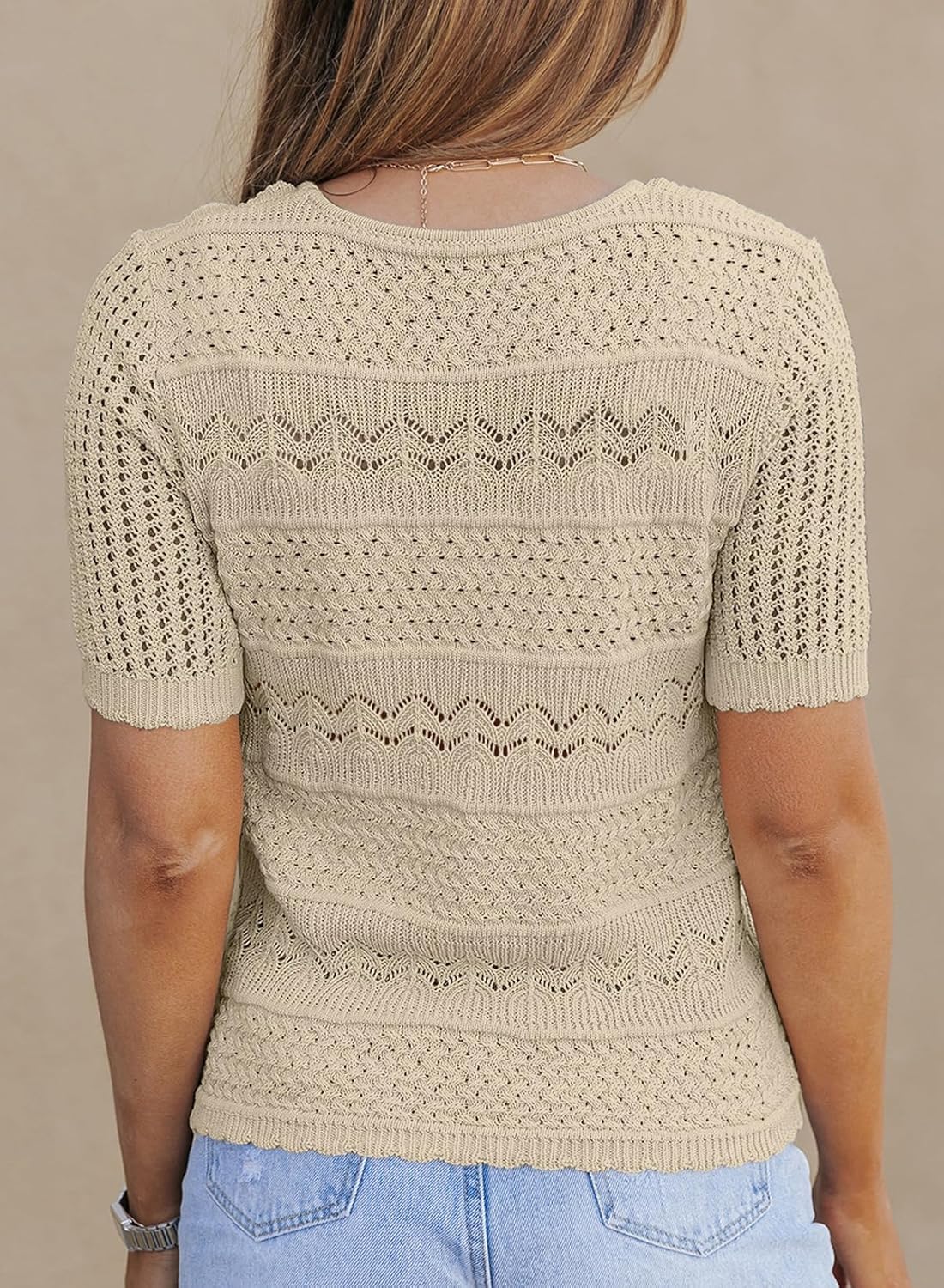 Dokotoo Women's Short Sleeve Sweater Crew Neck Crochet Knit Hollow Out Pullover Top - Image 4