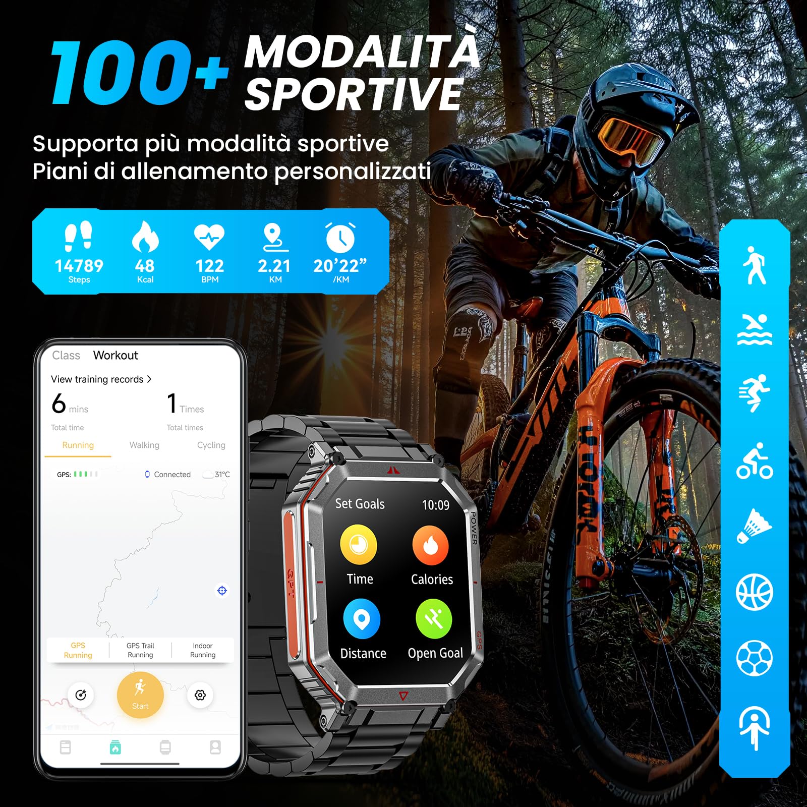 Orologio intelligente militare Cinghia in Acciaio per uomini, con GPS/bussola, assistente vocale GPT, display HD 2.01", chiamate Bluetooth, tracker fitness, compatibile con Android e iOS (Nero)