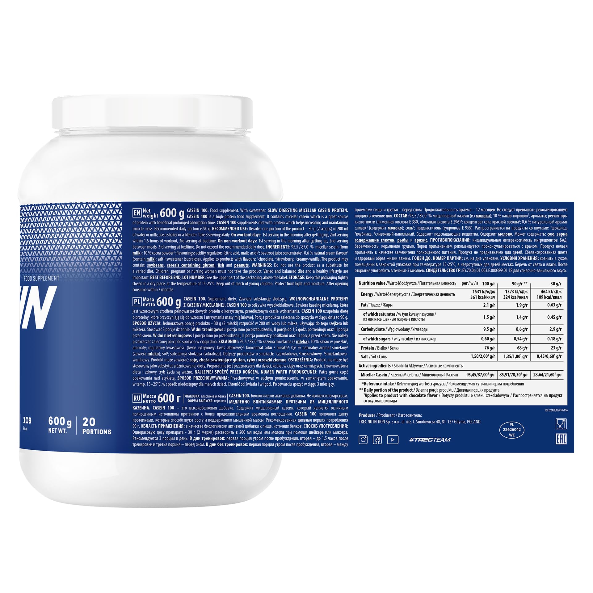 Trec Nutrition - CASEIN 100 - Frei absorbierbares mizellares Casein-Proteinpulver, vor dem Schlafengehen eingenommen, EAA-Aminosäuren, geringer Zuckergehalt, 600g JAR, CREAMY-VANILLA