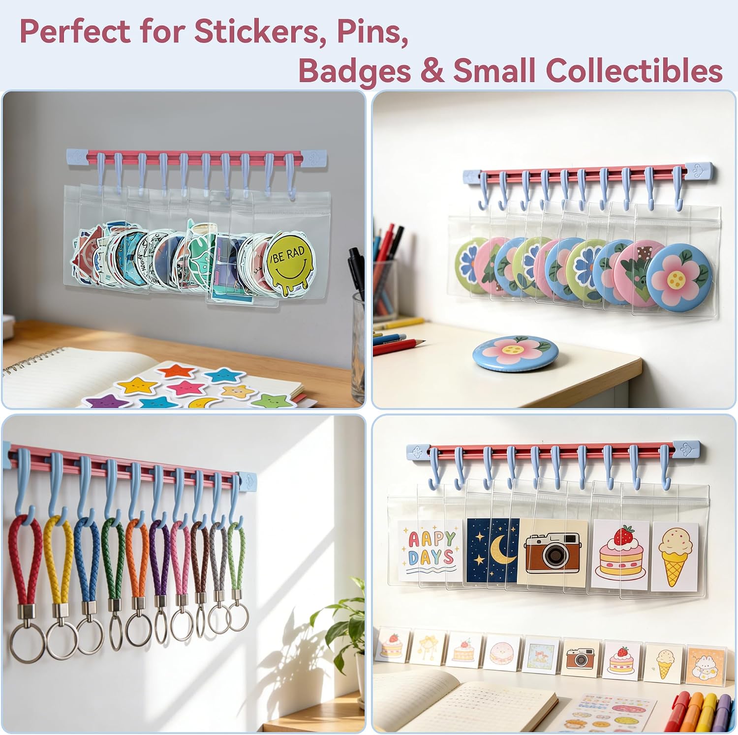 MICOM Wall Mounted Sticker Organizer, 3 Pack Sticker Holder Storage with 30 Clear PVC Pockets, Adhesive Sticker Display Rack for Sticker Collection, Enamel Pins, Badges, Small Crafts (Pink-Blue)