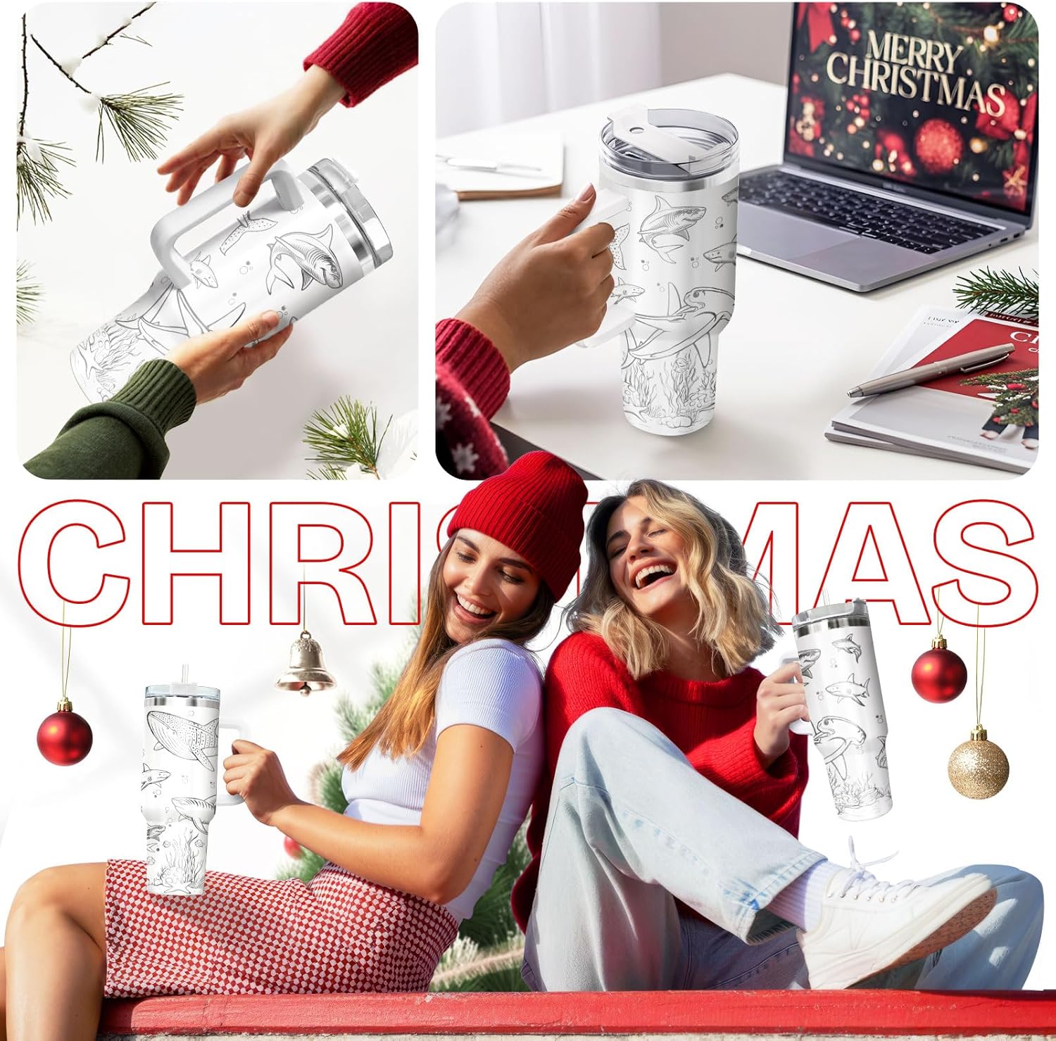 34HD Shark Ocean Tumbler 40oz with Handle and Straw, Vintage Sketch Sharks Creatures Insulated Travel Coffee Mug, Marine Life Gifts for Men & Women, Birthday Present to Him Her & Wildlife Lovers - Image 8