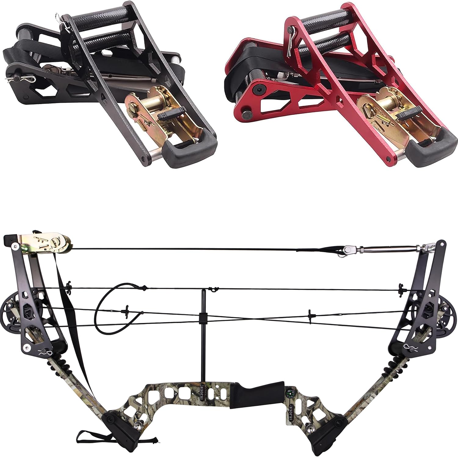 Archery Compound Bow Press Portable Hand Held Bow Accessories for Compound Bow & Crossbow Aluminum Alloy Ratchet Bow Press Open Tool for Bow String Silencers Replacement