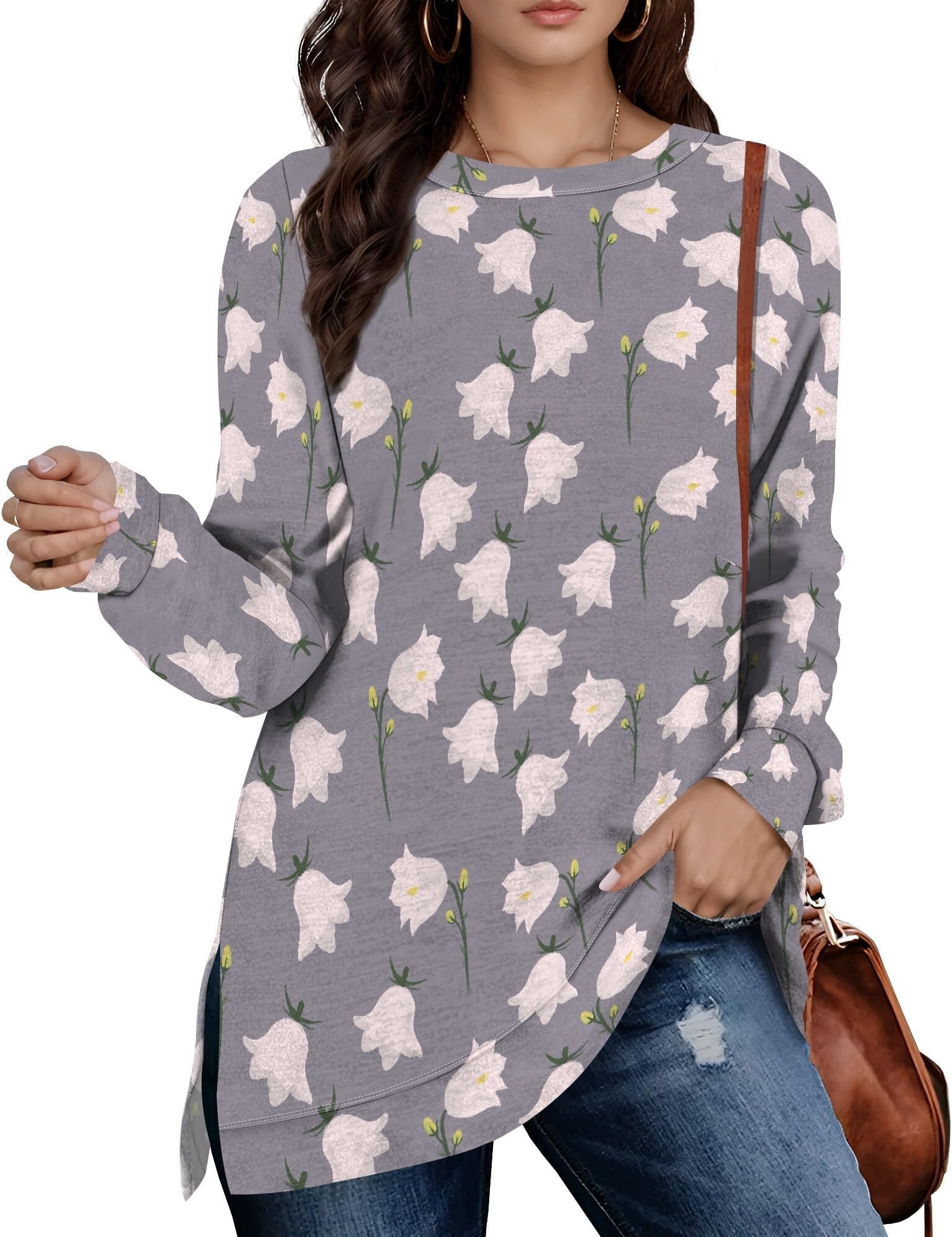 - Graphic Sweatshirts For Women Novelty V Neck Long Sleeve Sweatshirt Women Side Split Pullover Comfy Streetwear