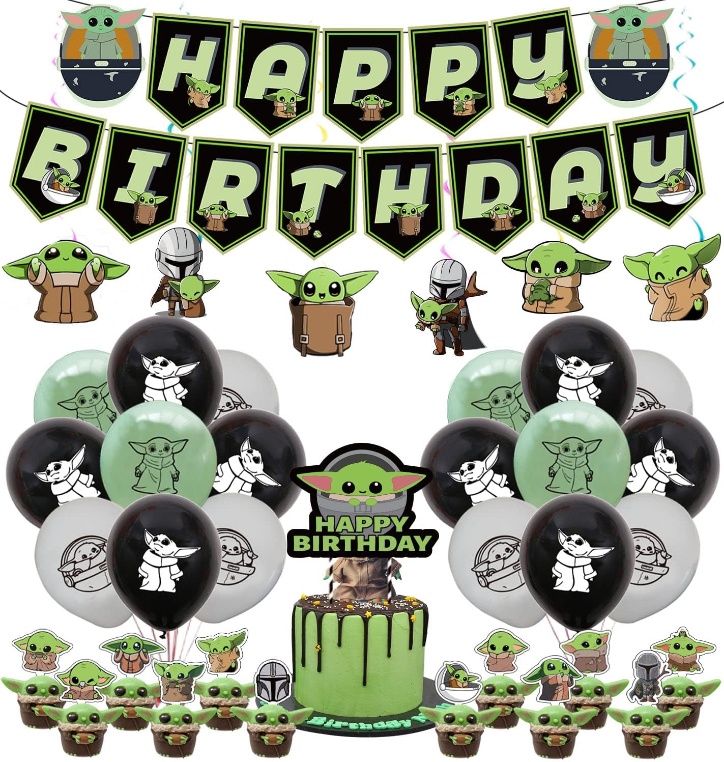 Baby Yoda Party Supplies, Baby Yoda Themed Birthday Decorations Include Banner, Hanging Swirl, Balloon, Cake Topper, Cupcake Topper, Baby Yoda Party Favors for Kids