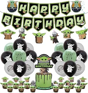 Baby Yoda Party Supplies, Baby Yoda Themed Birthday Decorations Include Banner, Hanging Swirl, Balloon, Cake Topper, Cupcake Topper, Baby Yoda Party Favors for Kids