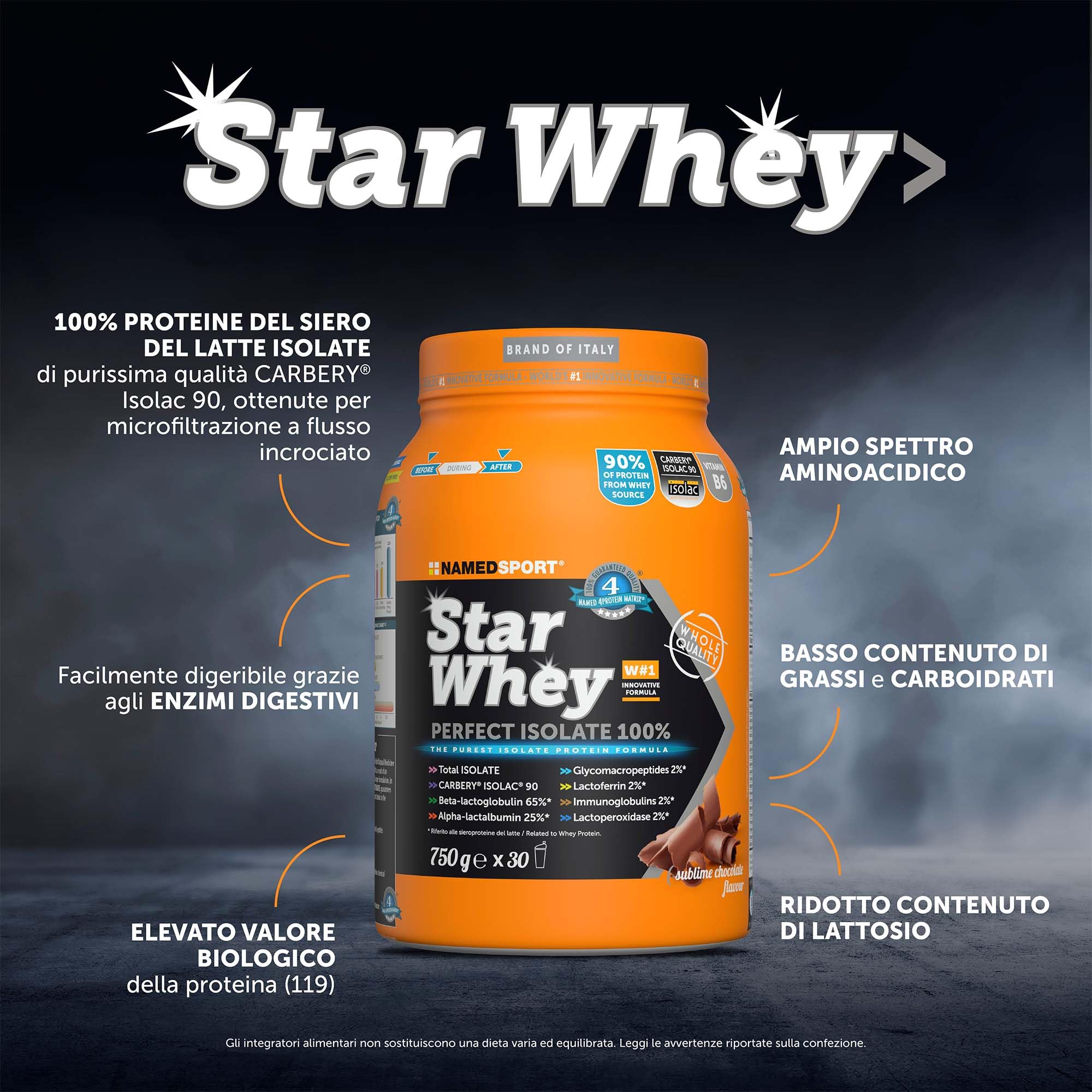 NAMEDSPORT Star Whey Isolate Proteine in Polvere Isolate | Proteine del Siero del Latte ad Alta Purezza per Massa Muscolare e Recupero | Low Sugar & High Protein | 750g – Cioccolato