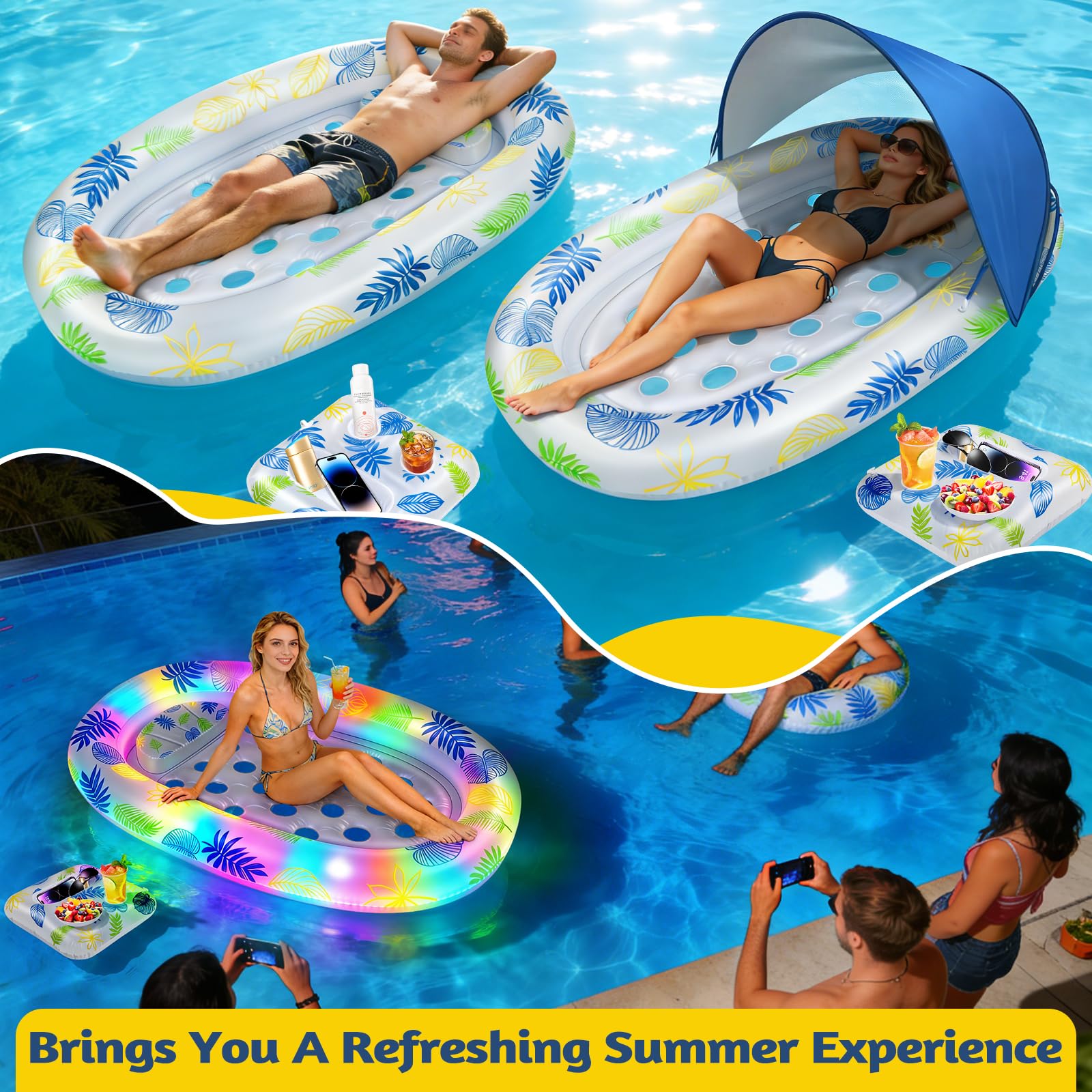 JONRRYIN Flotador Inflable Piscina, Flotador Inflable de Bronceado para Adultos con Toldo Desmontable e Iluminación, Colchoneta Hinchable Piscina para Playa Fiestas Verano