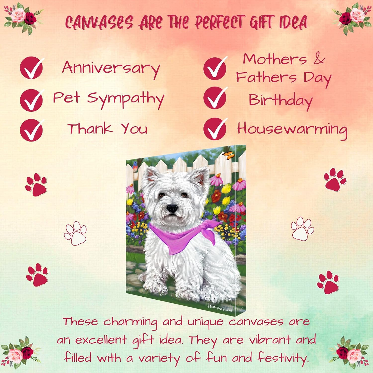 Doggie of the Day Spring Floral with West Highland Terrier Dog Canvas Wall Art - Premium Quality Ready to Hang Room Decor - Flat Rolled 20" x 24"