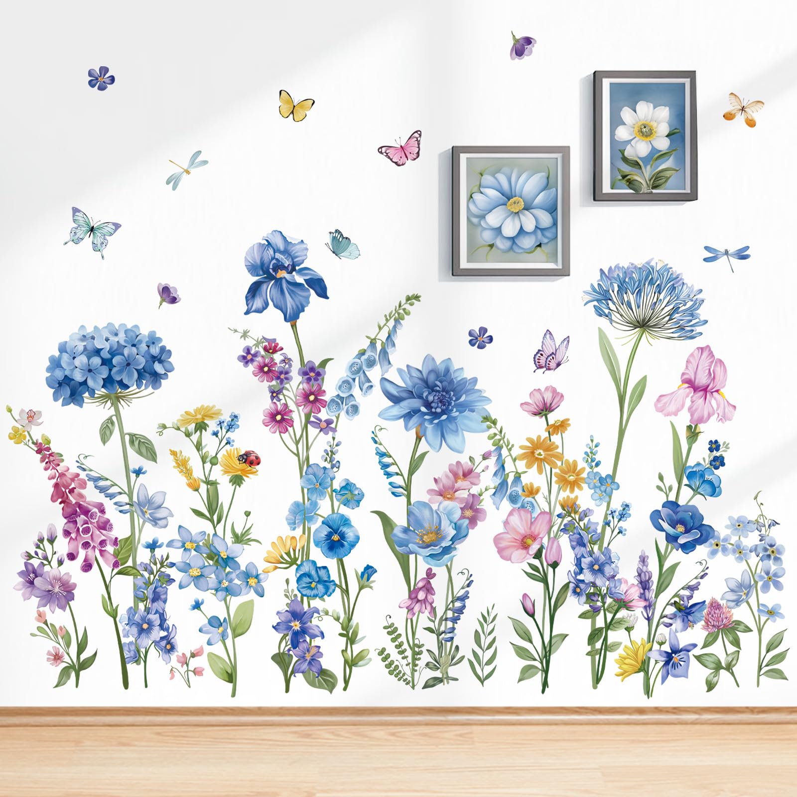 wondever Blue Spring Garden Flower Wall Stickers Wildflower Grass Floral Butterfly Peel and Stick Wall Art Decals for Living Room Bedroom TV Wall