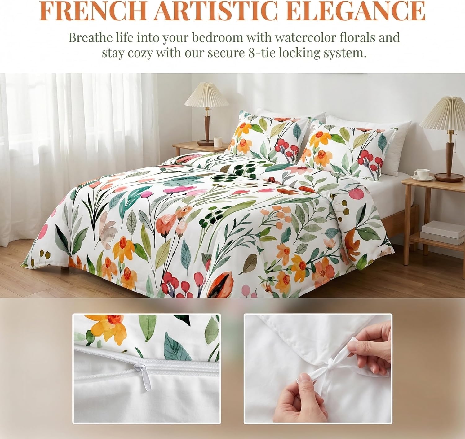 YIYEA Floral Duvet Cover Queen Size, Premium Double Brushed Microfiber Duvet Cover Set with Pillow Cases for All Season, Zipper Closure, 8 Corner Ties, Comforter Not Included, 3PC, Queen