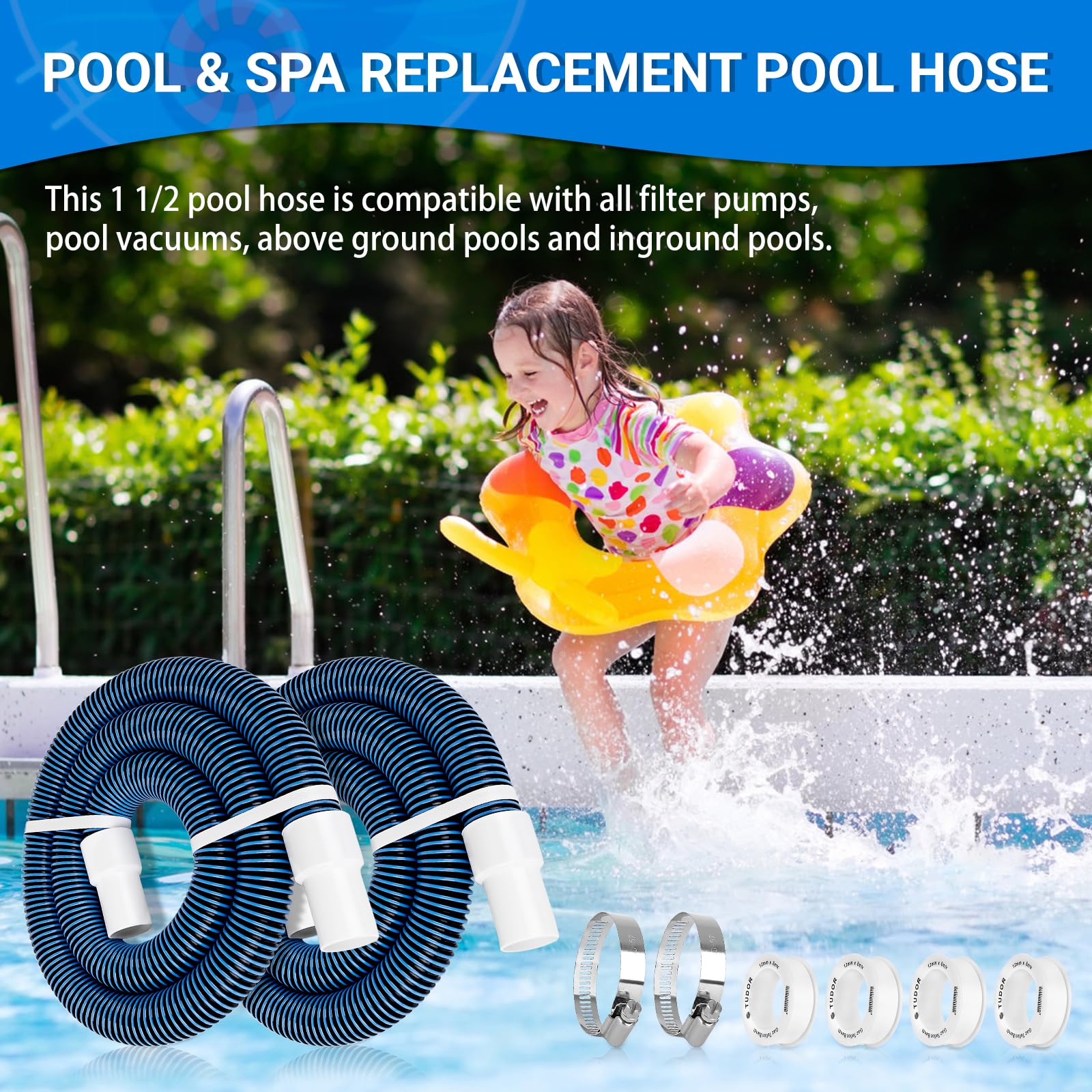 Manguera de vacío para piscina de 1 1/2 pulgadas y 6.5 pies con puño giratorio sin torceduras, manguera de bomba de piscina para piscinas sobre el suelo y enterradas, mangueras de filtro de repuesto