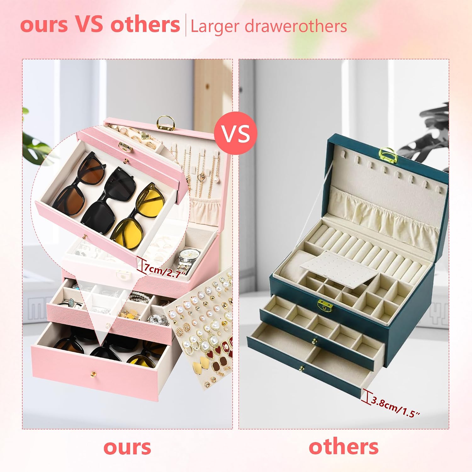 Jewelry Box, 3 Layers Leather Jewelry Storage Display Box for Women, Gift Case, 2 Drawers, Large Capacity for Necklace Earrings Bracelets Rings, Pink