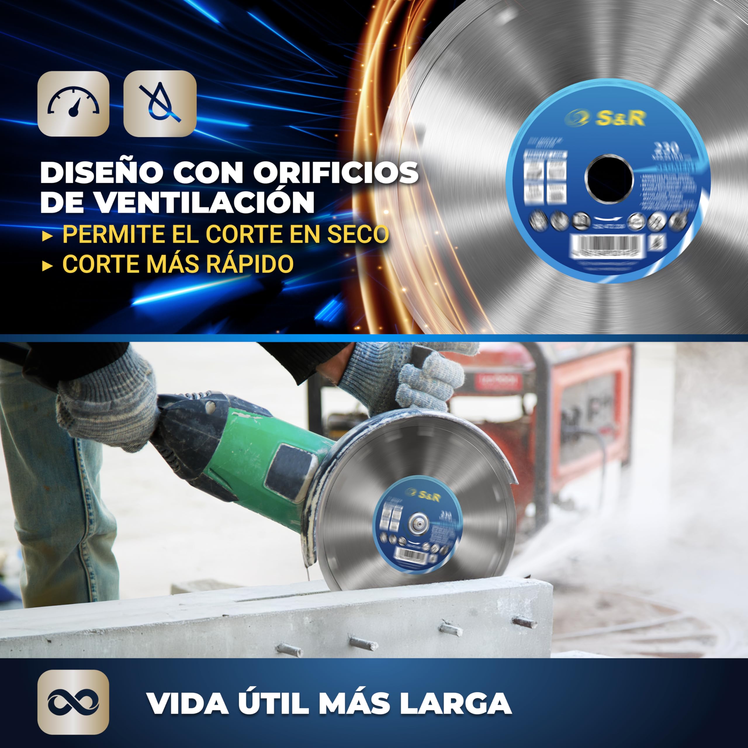 S&R Disco corte de Diamante 230 x 22,2 x 10 2,6 mm para Hormigón, Hormigón armado, Granito, Piedra natural, Ladrillo