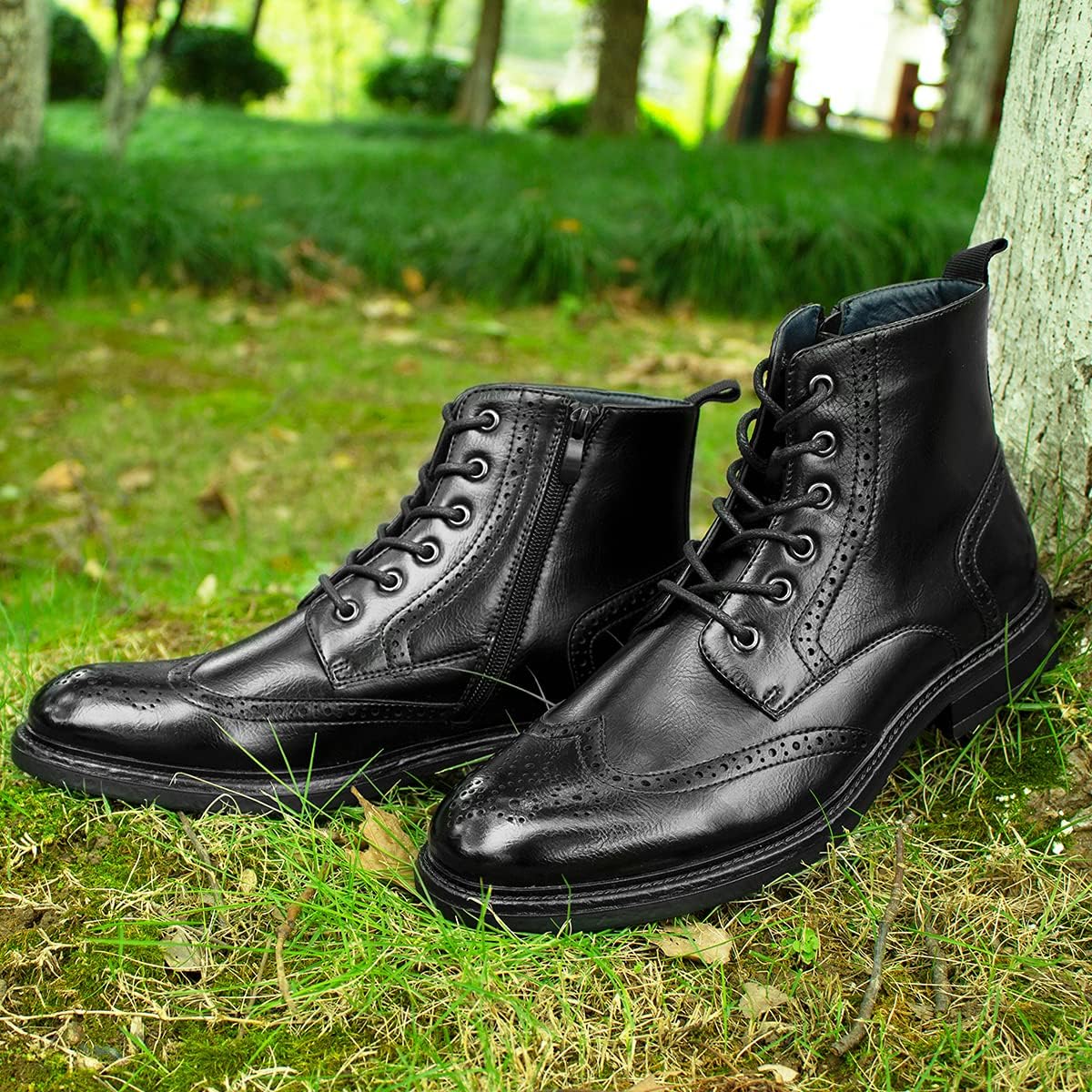 Temeshu Men's Wingtip Ankle Boot Side Zip Motorcycle Oxford Boots (with shoelaces) HH07 - Image 5