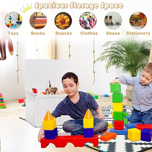 Miniatura 3 de HONEY JOY Caja de juguetes de madera para niños, banco grande de almacenamiento de juguetes 2 en 1 con tapa abatible, 2 bisagras de seguridad y asa