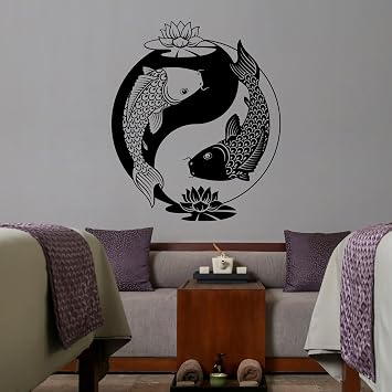 Large Vinyl Wall Decal Yin Yang Tai Lotus Chinese Philosophy Zen Fish Stickers ig3606 White